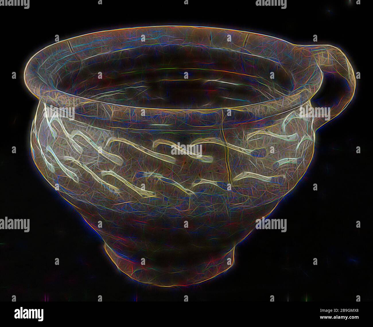 Camera di terracotta pot, facilità d'uso su supporto, rastremata con bandoor permanente, fanghi decorazione, porta pot sanitari in ceramica di terracotta terraglia smalto smalto piombo argilla, girate a mano decorato cotto smaltato limonata in camera in ceramica pentola su supporto anello. Red shard interamente vetrato tranne la parte inferiore del fondo. Di forma rastremata con apertura del collo largo e stretto piedi. Parete laterale leggermente piegate verso l'interno sotto il bordo piatto. Labbra rotante sulla parete laterale al di sopra del piede. In piedi e schiacciati orecchio in sospeso ad angolo bordo superiore decoro è costituito da una doppia linea di giallo le linee d'onda al di sotto del bordo di sommità archeol Foto Stock