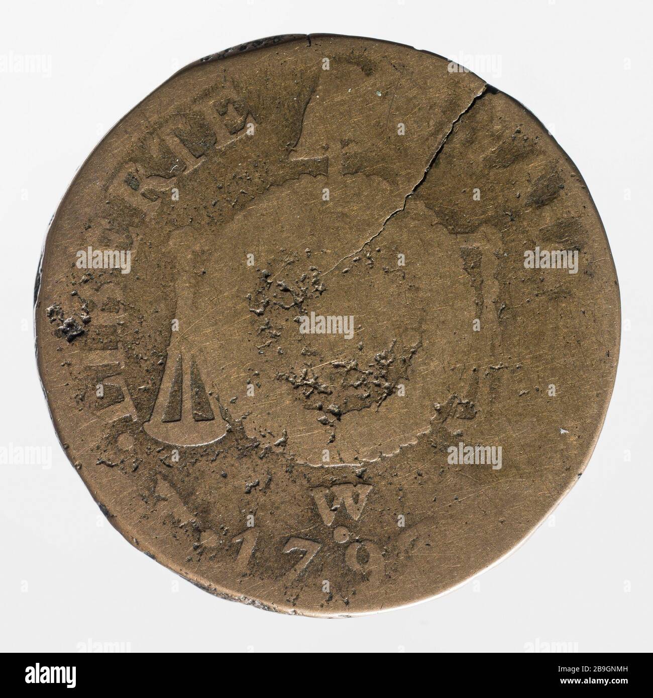 Parte due piani al tavolo e scale, 1793, sovracolpito nel 1848 Augustin Dupré (1748-1833). Pièce de deux sols à la table et aux balances, 1793, surfrappée en 1848. Métal de cloche. 1793. Parigi, musée Carnavalet. Foto Stock
