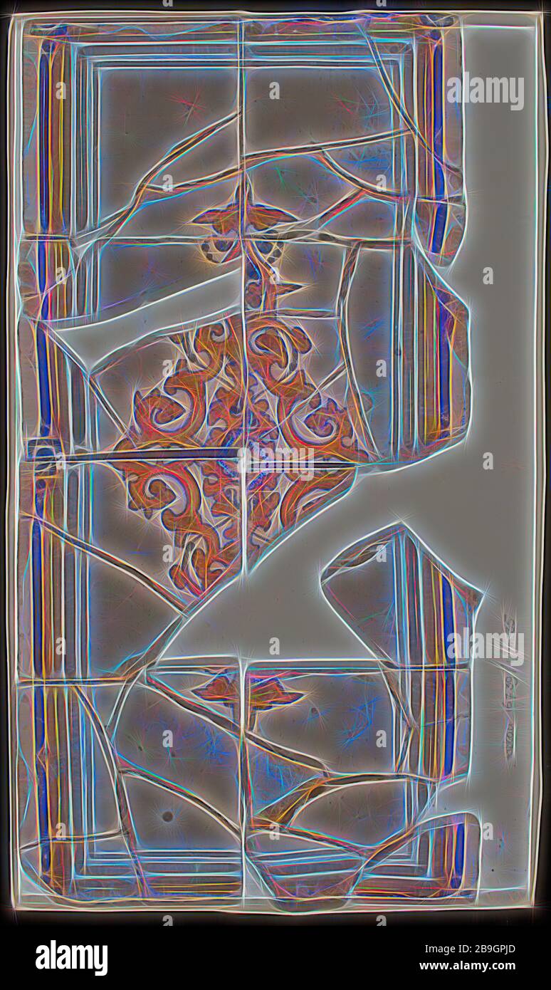 Pannello di piastrelle, due volte quattro piastrelle, blu e giallo ocra su bianco, centrale un ornamento e cornice di bordi ocra e blu, piastrelle materiale ceramica ceramica ceramica smalto terracotta, Rotterdam Delfshaven Havenstraat originario della costruzione Havenstraat 157 piano terra seminterrato Foto Stock