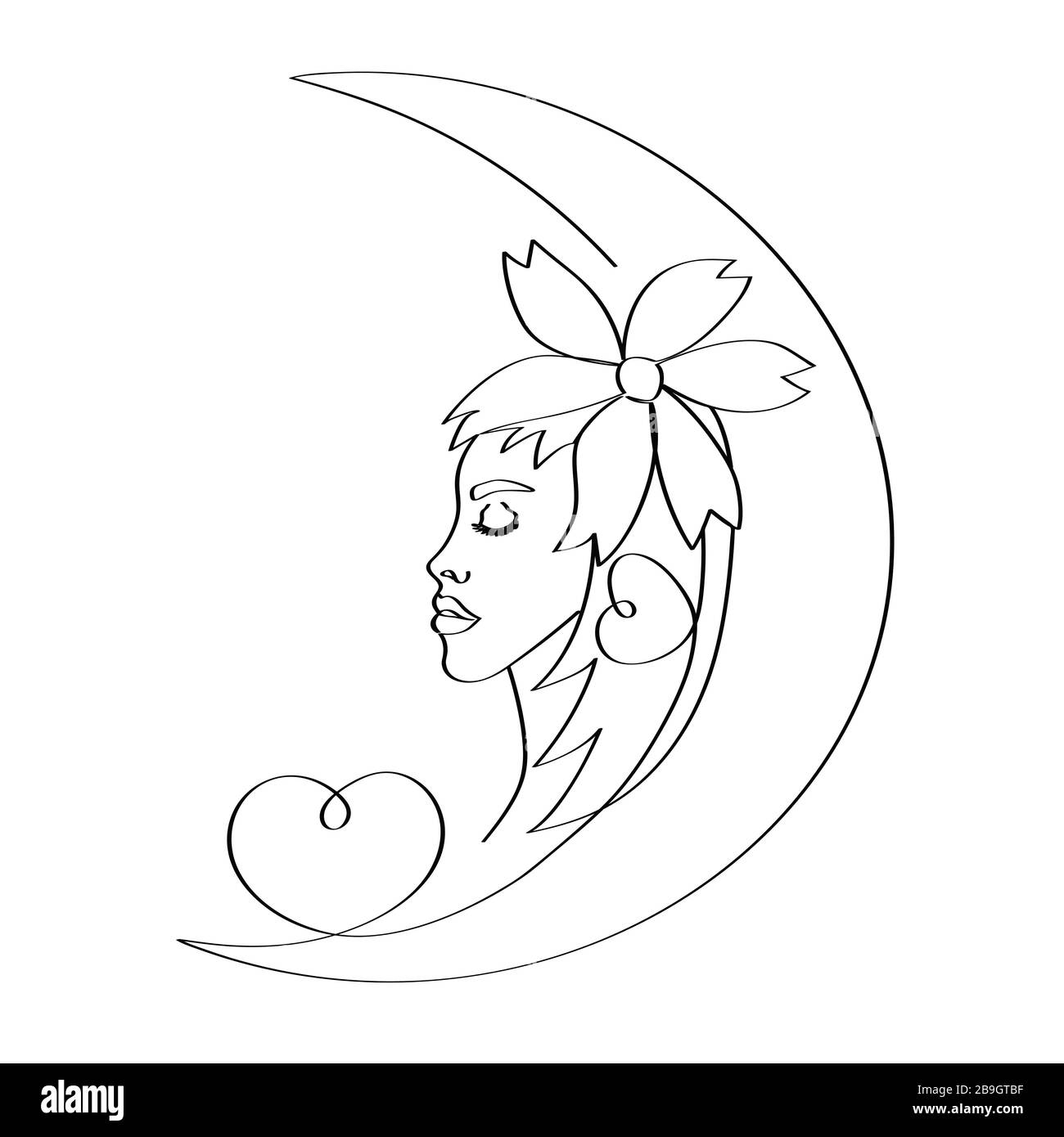 Una silhouette di una ragazza disegnata in un mese con un fiore sulla sua testa e cuore. Tracciato in una linea continua, isolato su sfondo bianco. Vettore di stock Illustrazione Vettoriale