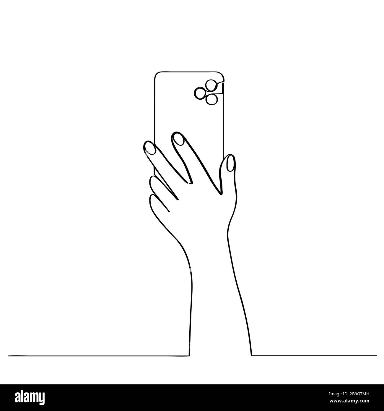 La mano tiene il telefono. Tracciato in una linea continua, isolato su sfondo bianco. Illustrazione vettoriale stock. Illustrazione Vettoriale