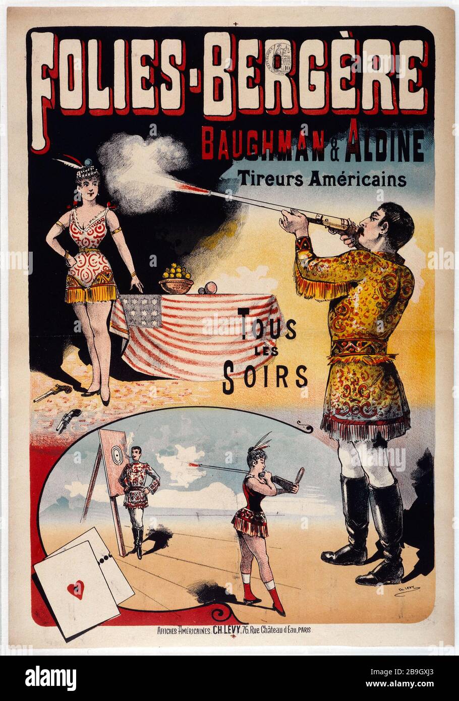 Folies-Bergere, BAUGHMANN & ALDINE, SPARATUTTO AMERICAN Charles Lévy. Folies-Bergère, Baughmann & Aldine, Tireurs Américains. Affiche. Lithographie couleur. Parigi, musée Carnavalet. Foto Stock