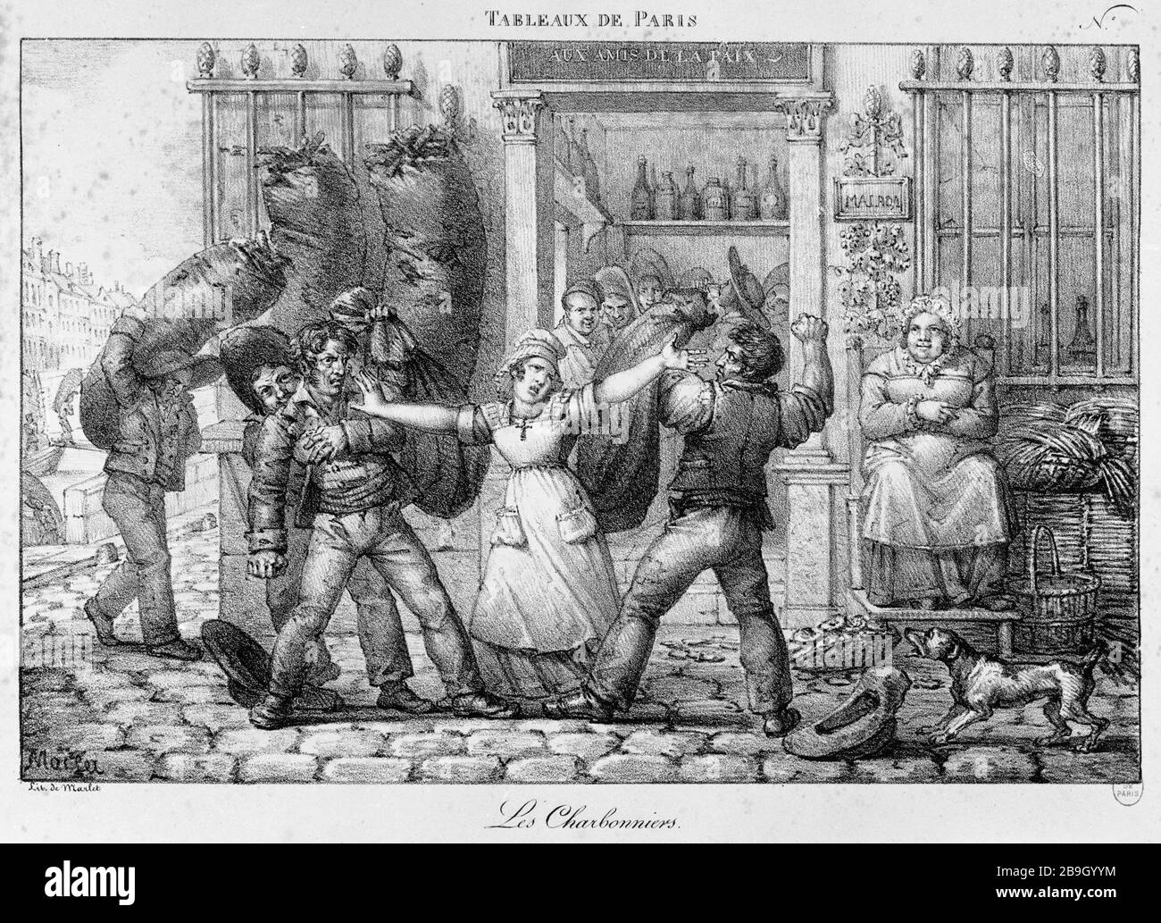 TAVOLI PARIGI - IL MARLET CARBONE. "Tableaux de Paris, numéro 42: Les Charbonniers (rixe devant le cabaret Aux Amis de la Paix, port de Grève)". Gravure. Parigi, musée Carnavalet. Foto Stock
