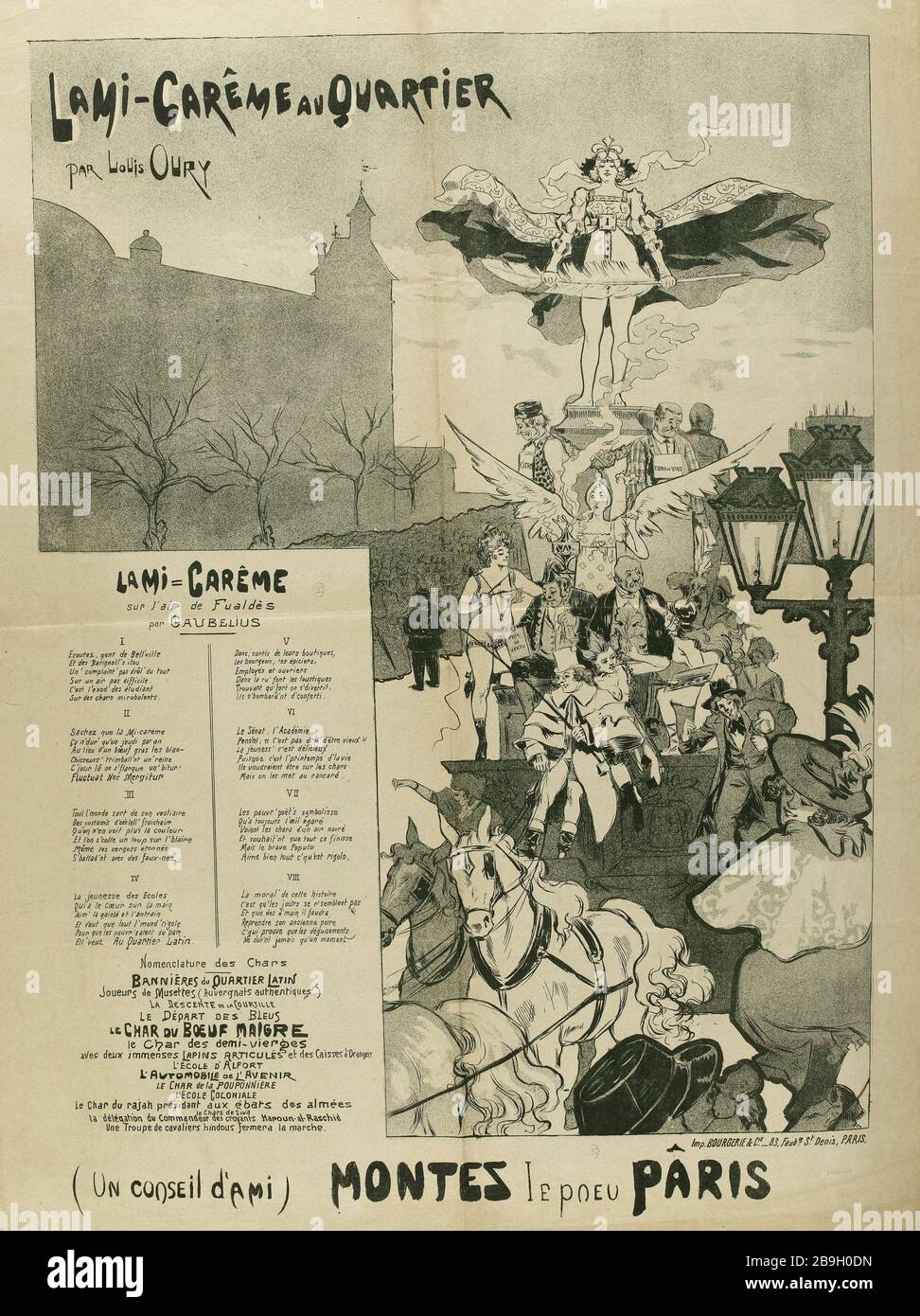 MID-LENT NELL'AREA DI LOUIS OURY LOUIS OURY (1867-1940). "La mi-Carême au quartier", "un conseil d'ami", "Montez le pneu Pâris". Dans un encart : ' la mi-Carême ' sur l'air de Fualdès par Gaubelius. Imprimerie Bourgeois & Cie (83, Faubourg Saint-Denis, Parigi). Lithographie en noir et blanc. 1880-1900. Parigi, musée Carnavalet Foto Stock