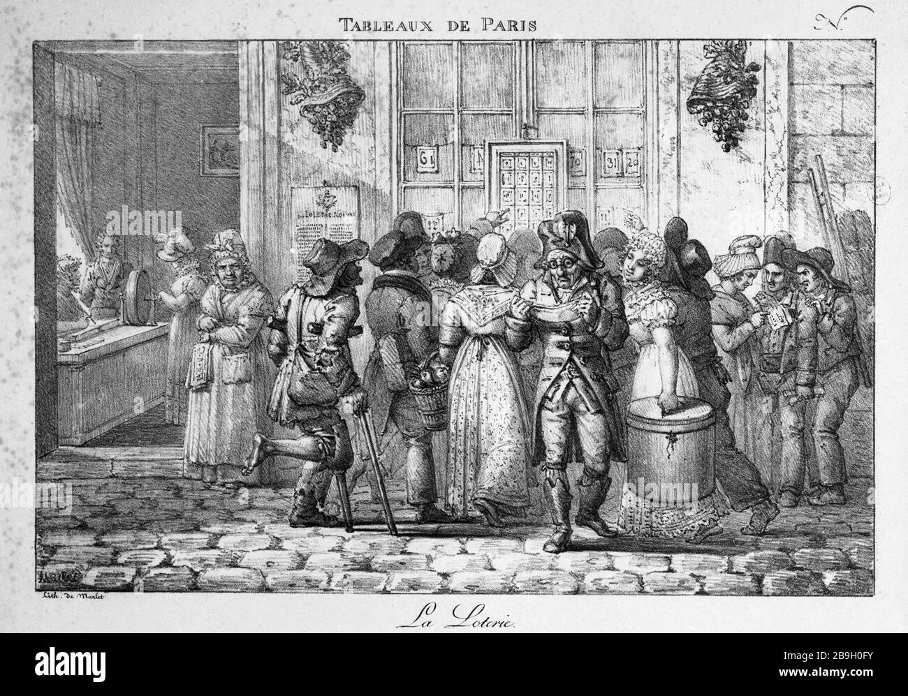 TAVOLI DI PARIGI: LA LOTTERIA 'Tableaux de Paris, n°40 : la loterie' par Marlet. Gravure. Parigi, musée Carnavalet. Foto Stock