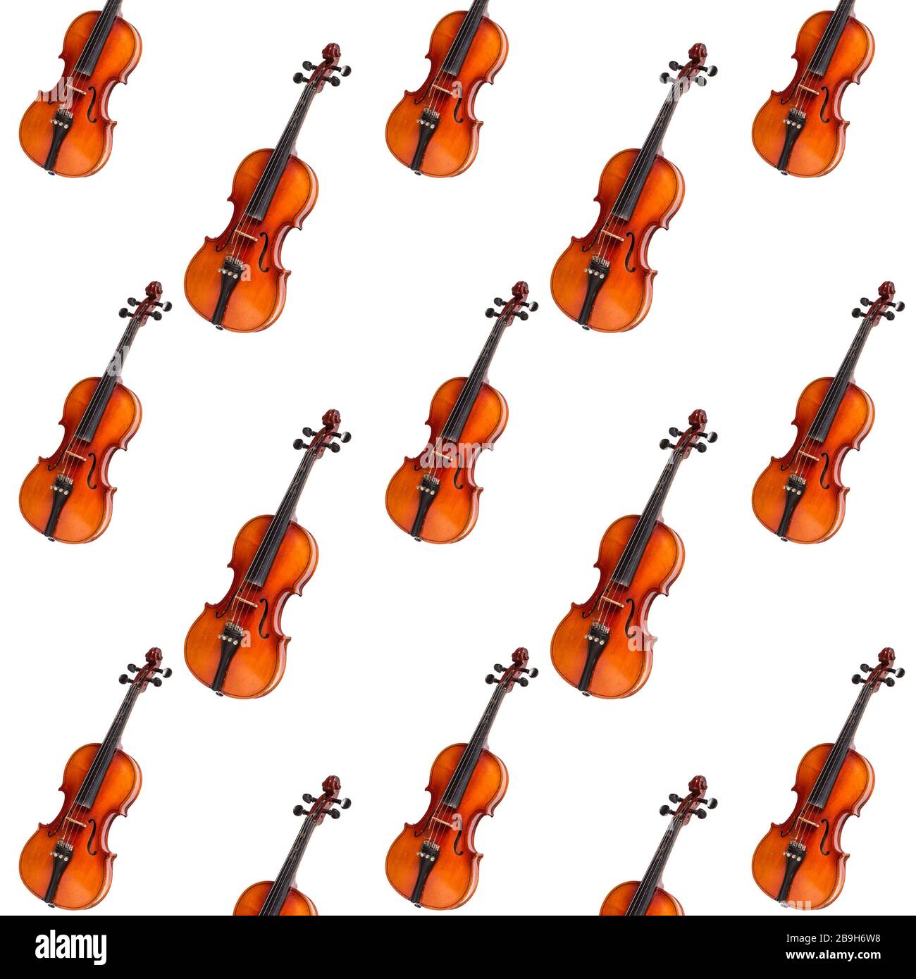Motivo viola senza cuciture su sfondo bianco. Strumento musicale in violino con pattern senza cuciture. Concetto minimalista di musica. Stampa violino Foto Stock