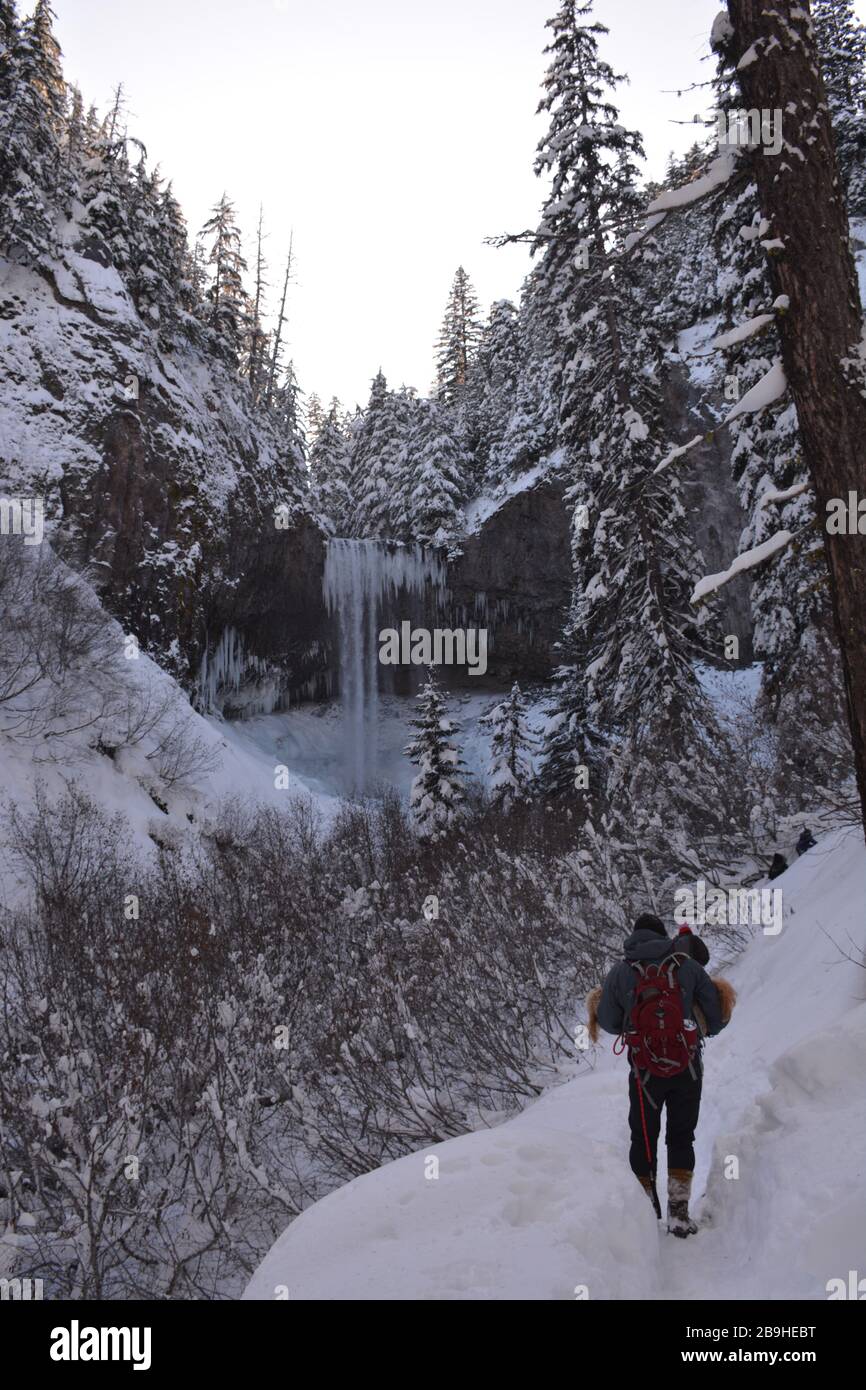 Escursione invernale alle cascate Tamawanas, dove Cold Spring Creek scorre su una scogliera di lava di circa 100 metri sul lato orientale del monte Hood, Oregon, USA. Foto Stock