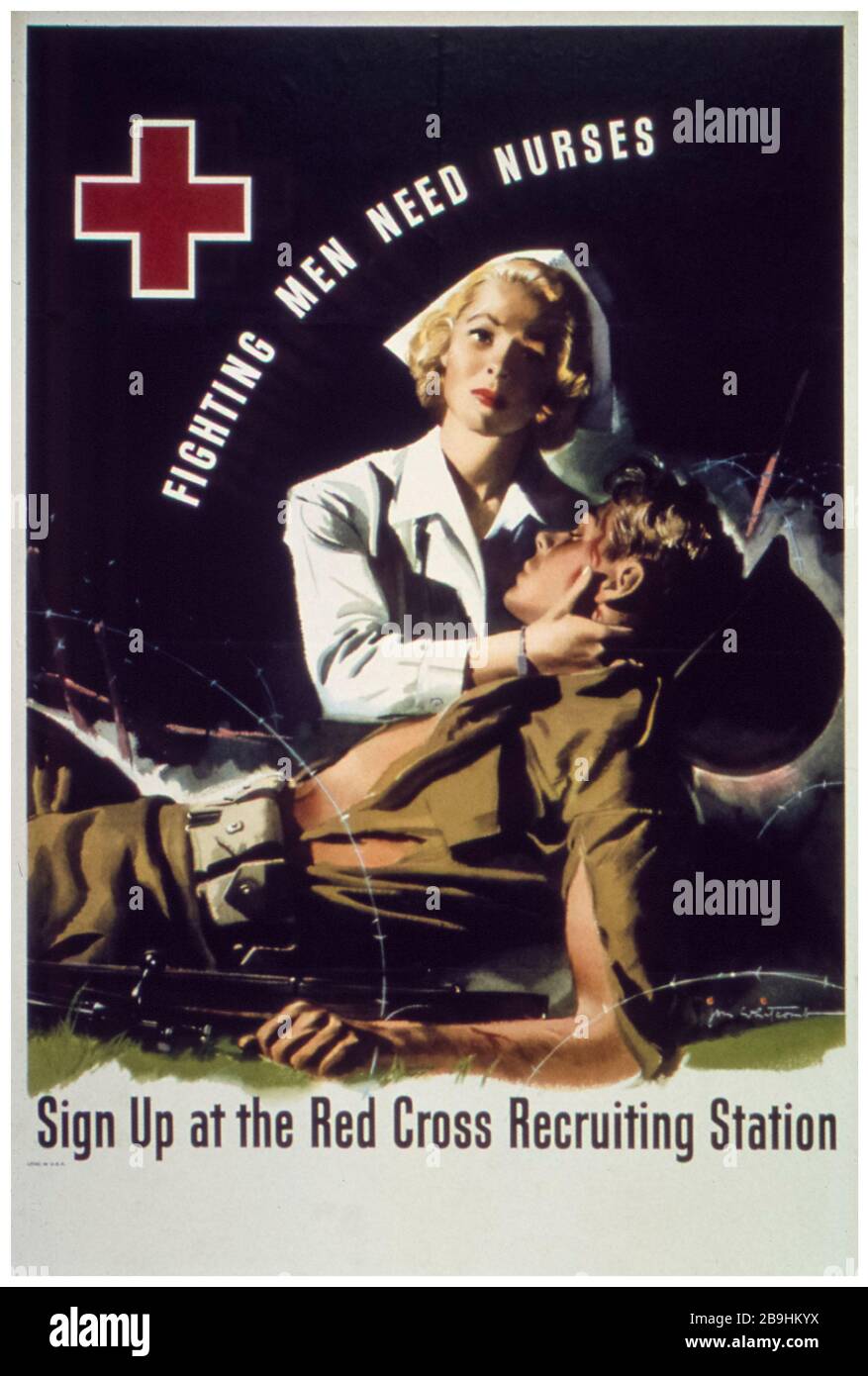 Poster DI reclutamento infermieristico DELLA seconda guerra mondiale DEGLI STATI UNITI, gli uomini combattenti hanno bisogno di infermieri, 1941-1945 Foto Stock