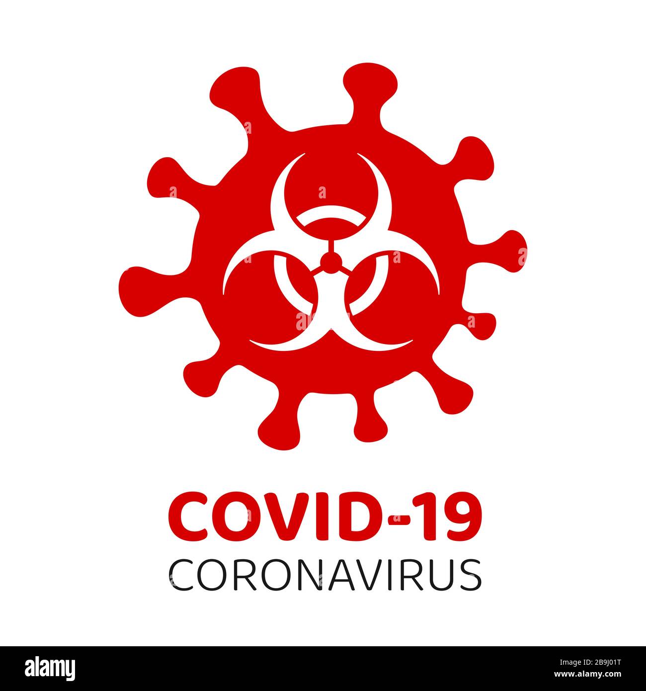 Covid-19 icona di attenzione e avvertenza di Coronavirus. Covid-19 cartello di avvertenza per i pericoli biologici. Focolaio di coronavirus. Simbolo epidemico e pandemico. Vettore isolato. Illustrazione Vettoriale