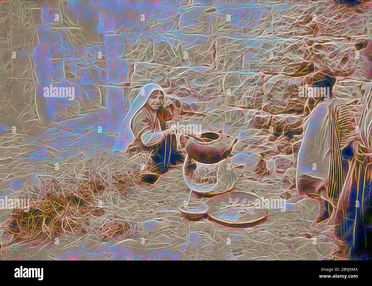 Tipi di contadini per la cottura in una casa contadina. (Ceramica pentola di cottura e thorn fire) 1900, Medio Oriente, Israele e/o la Palestina Foto Stock