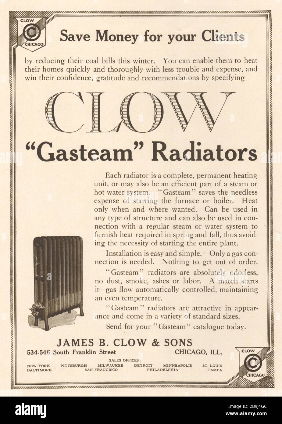 James B. Clow & Sons. Radiatori a clow ''gaSteam''. James B. Clow & Sons, 534-546 South Franklin Street, Chicago, Illinois (1919) Foto Stock