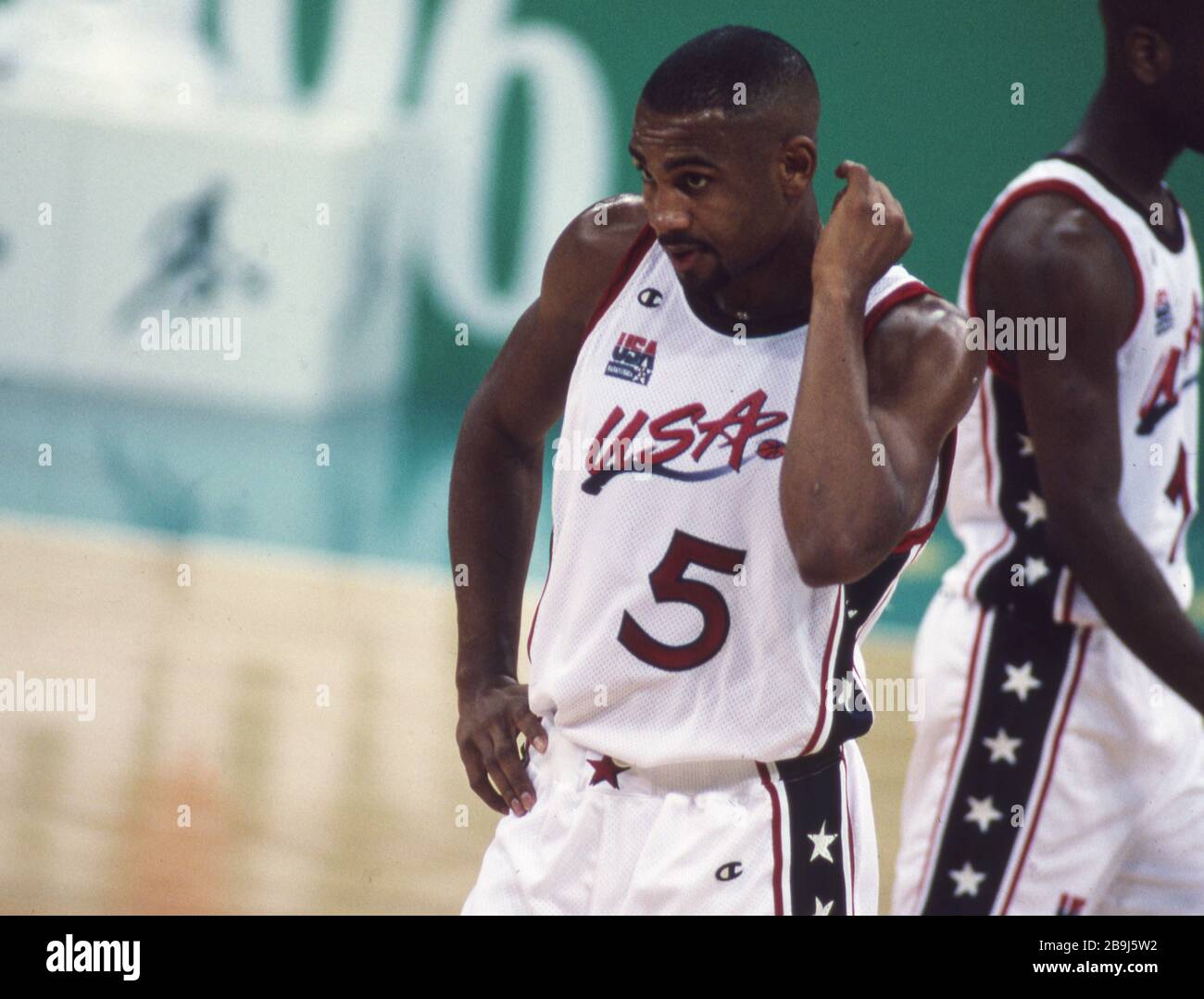 Primo: 07/22/1996 Sport, pallacanestro, uomini, Olimpiadi maschili, Olimpiadi estive, Atlanta, 96, 1996, vecchie immagini, USA vince la medaglia d'oro USA - Argentina 96:68 Gary Payton, metà figura, 9x NBA All-Star | utilizzo in tutto il mondo Foto Stock