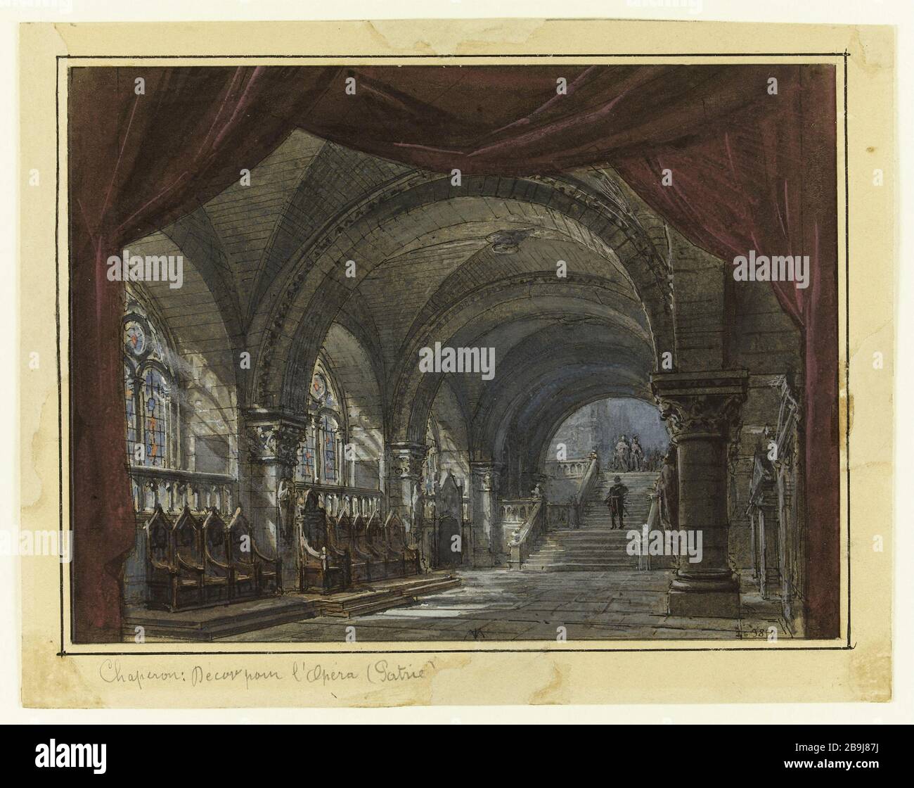 PROGETTO DI DECORAZIONE PER LA PATRIA, OPERA ÉMILE PALADILHE, CREE 20 DICEMBRE 1886 AL PALAZZO GARNIER (ATTO ???) Philippe Chaperon (1823-1907). "Projet de décor pour Patrie, opéra d'Émile Paladilhe, créé le 20 décembre 1886 au Palais Garnier (acte ???)". Gouache. Parigi, musée Carnavalet. Foto Stock