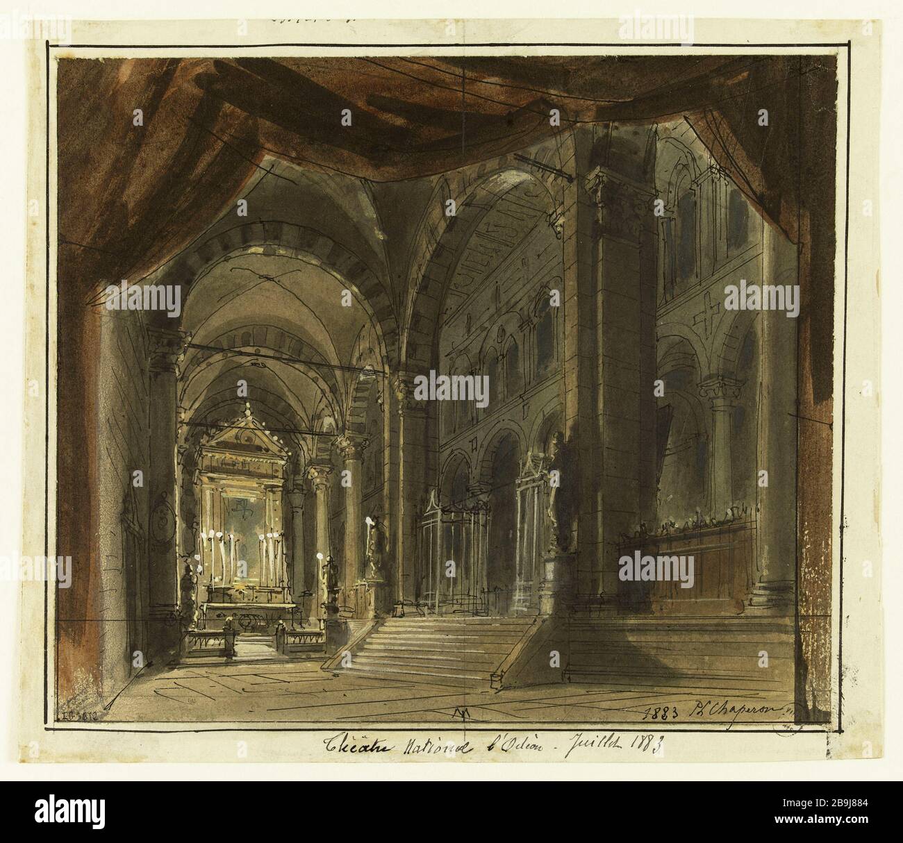 PROGETTO PER LA DECORAZIONE SEVERO TORELLI, DRAMMA FRANCOIS COPPÉE, IL CREE 21 NOVEMBRE 1883 TEATRO DELL'ODEON (ATTO V) PHILIPPE CHAPERON (1823-1907). "Projet de décor pour Severo Torelli, drame de François Coppée, créé le 21 novembre 1883 au théâtre de l'Odéon (acte V)". Plume, aquarelle et gouache. Parigi, musée Carnavalet. Foto Stock