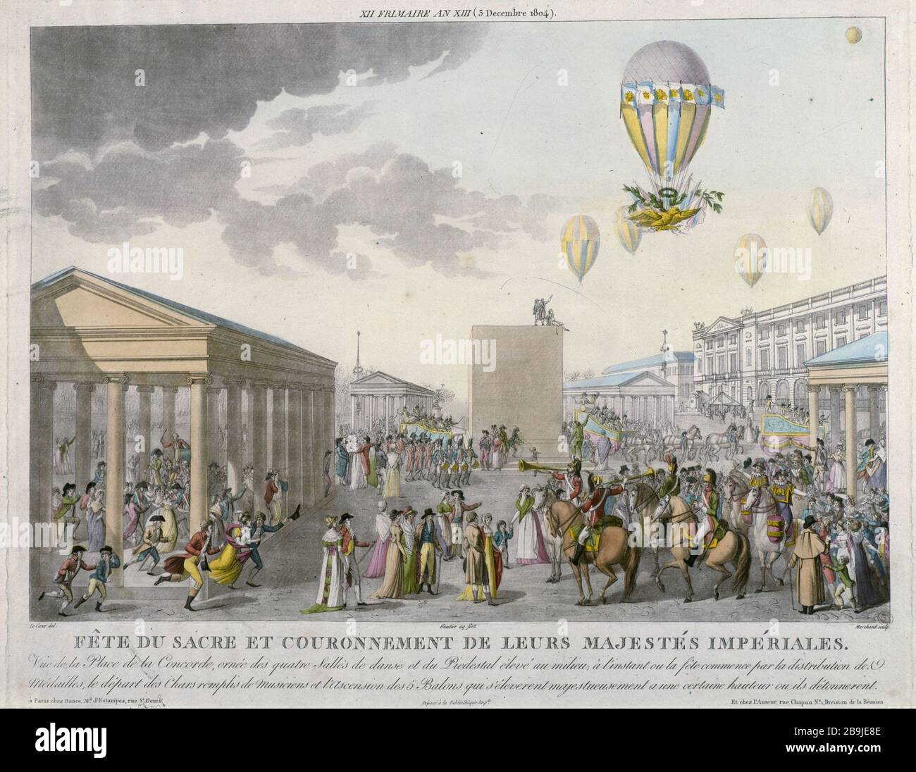 FESTIVAL DEL SACRO LORO MAESTÀ IMPERIALE L'ANNO XII FRIMAIRE XIII - AL LUOGO DELLA CONCORDE ORNATO QUTRE DELLE SALE DA BALLO LOUIS LE COEUR. "Fête du sacre et couronnement de leurs Majestés Impériales le XII Frimaire an XIII (3 décembre 1804) - vue de la Place de la Concorde ornée des quatre salles de danse...". Gravure. Parigi, musée Carnavalet. Foto Stock