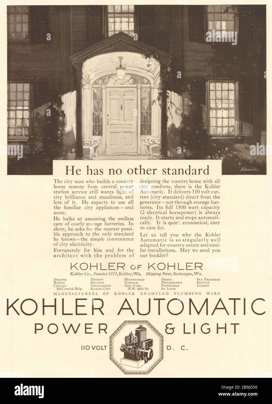 Alimentazione e luce automatiche Kohler. Non ha altri standard. Kohler di Kohler, Kohler Co., fondata nel 1873, Kohler, Wisconsin (1922) Foto Stock