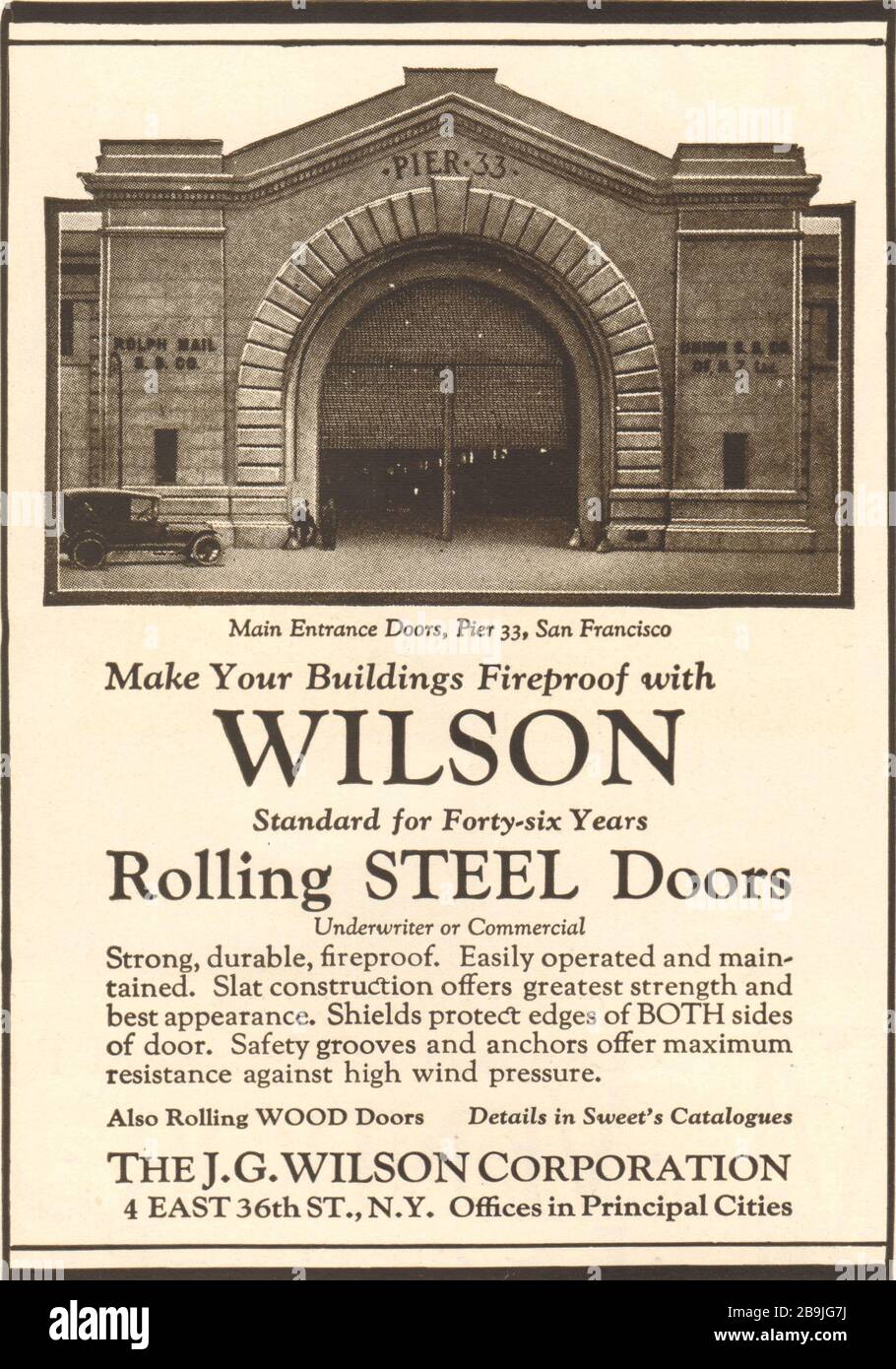 Porte in acciaio ignifugo. Porte d'ingresso principali, Pier 33, San Francisco. The J. G. Wilson Corporation, 4 East 36th St., New York (1922) Foto Stock