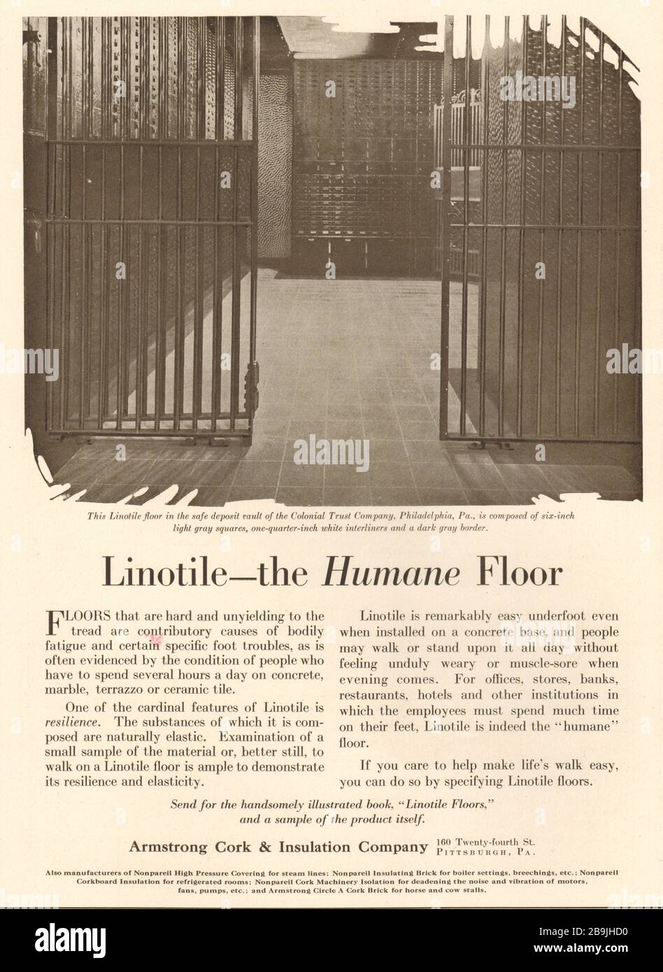 Pavimento di Linotile, deposito sicuro vault, Colonial Trust Co., Philadelphia, Pennsylvania. Armstrong Cork e isolamento. 160, 24th Street, Pittsburgh (1919) Foto Stock