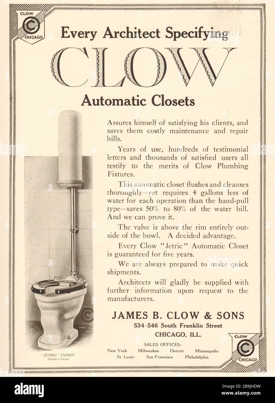 Ogni architetto che specifica clow automatico armadi. James B. Clow & Sons, 534-546 South Franklin Street, Chicago, Illinois (1919) Foto Stock