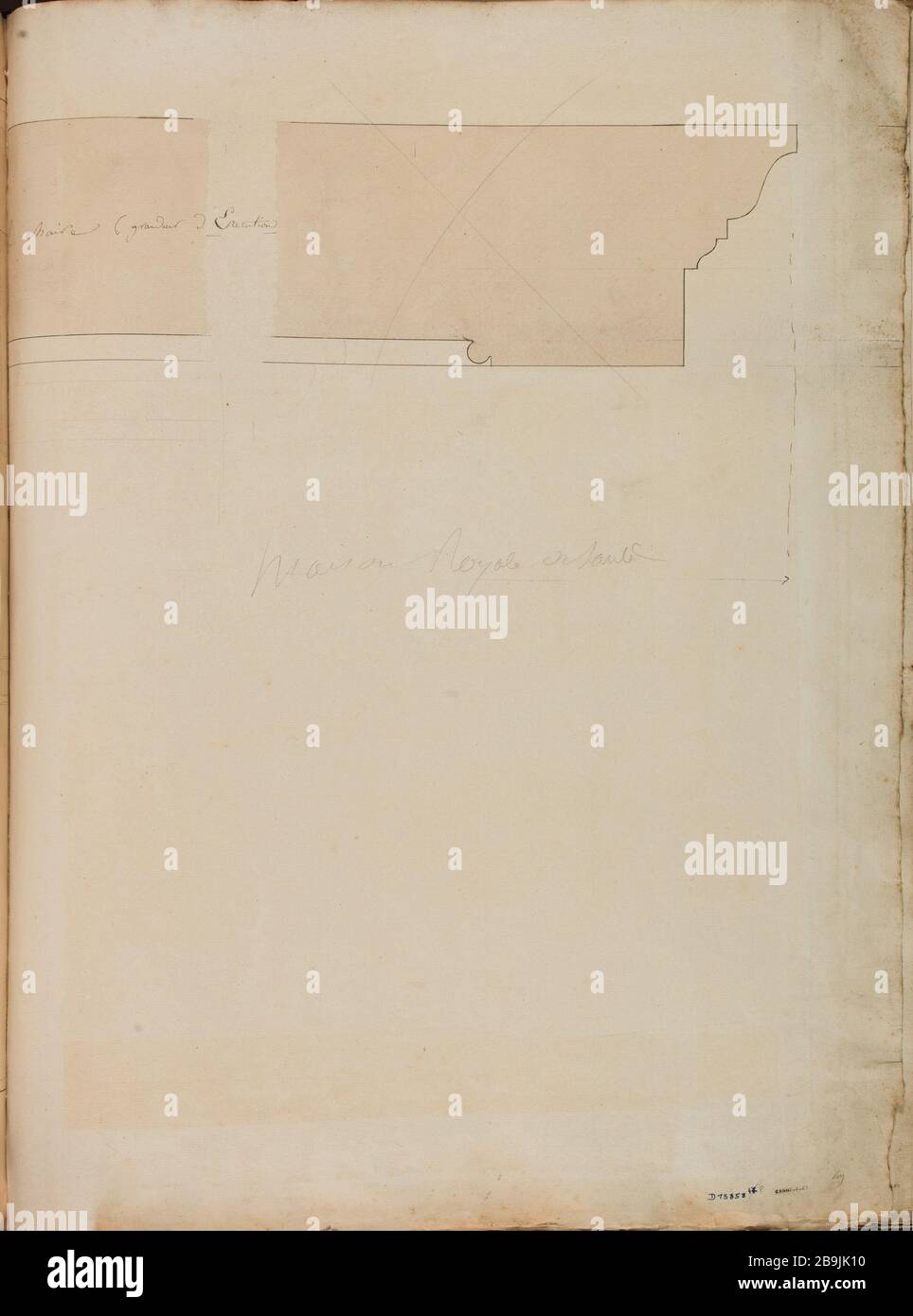 Royal House of Health: Sedia (size) Charles Rohault de Fleury (1801-1875). Maison royale de santé : chaire (natura grandiosa). Dessin extrait d’un album relié, constitué de dessins montés, et non montés. Crayon, plume et encre noire, lavis brun sur papier bleu clair. Parigi, musée Carnavalet. Foto Stock