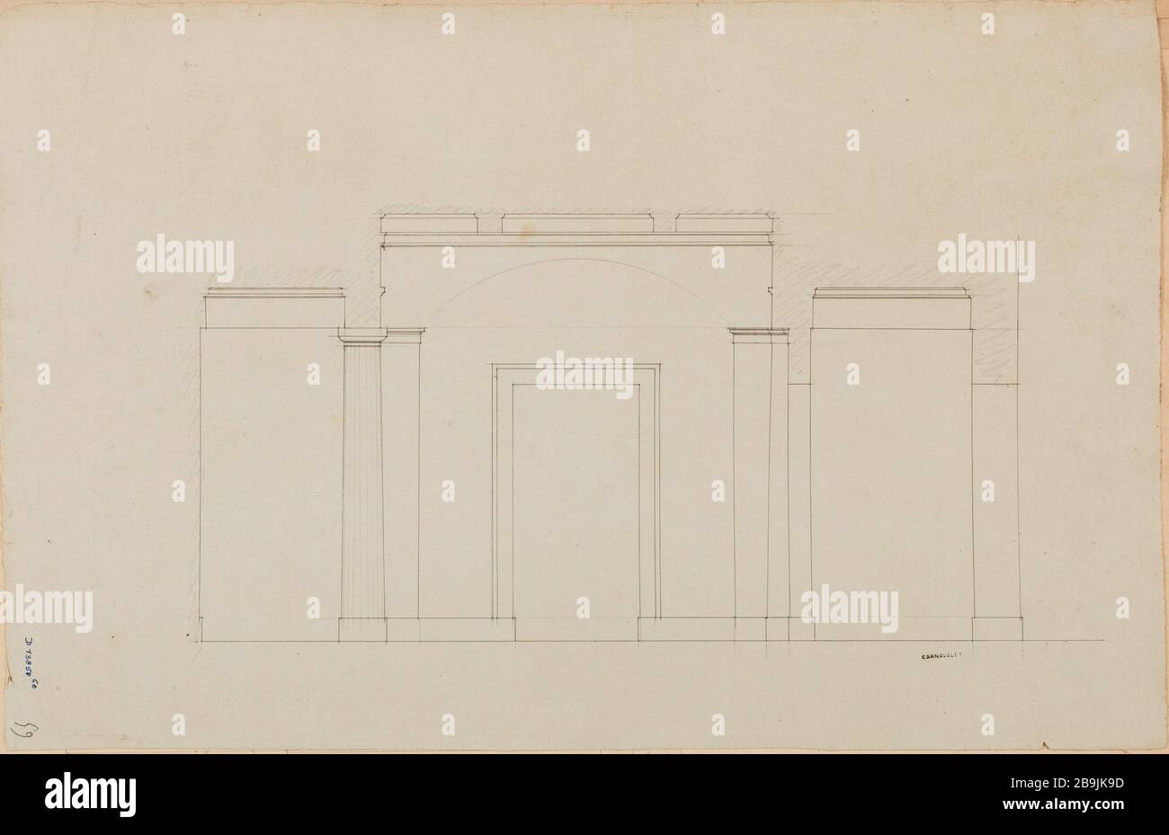 Royal House of Health: Studio per la sezione trasversale della cappella Charles Rohault de Fleury (1801-1875). Maison royale de santé : étude pour la coupé transsalle de la chapelle. Dessin extrait d’un album relié, constitué de dessins montés, et non montés. Crayon, plume et encre noire sur papier bleu clair. Parigi, musée Carnavalet. Foto Stock