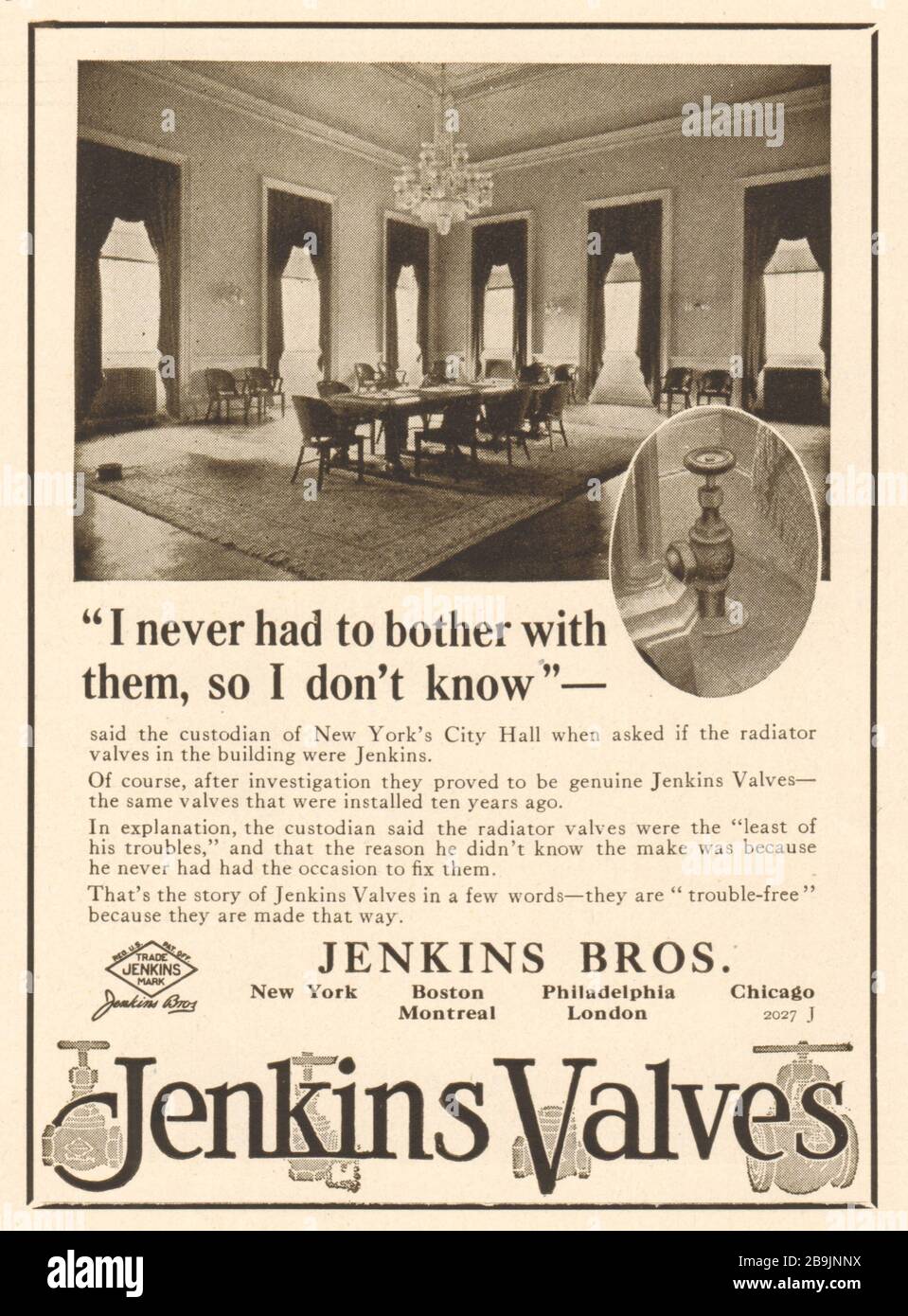 Valvole Jenkins. "Non ho mai dovuto preoccuparsi con loro, così non lo so". Jenkins Bros. (1919) Foto Stock