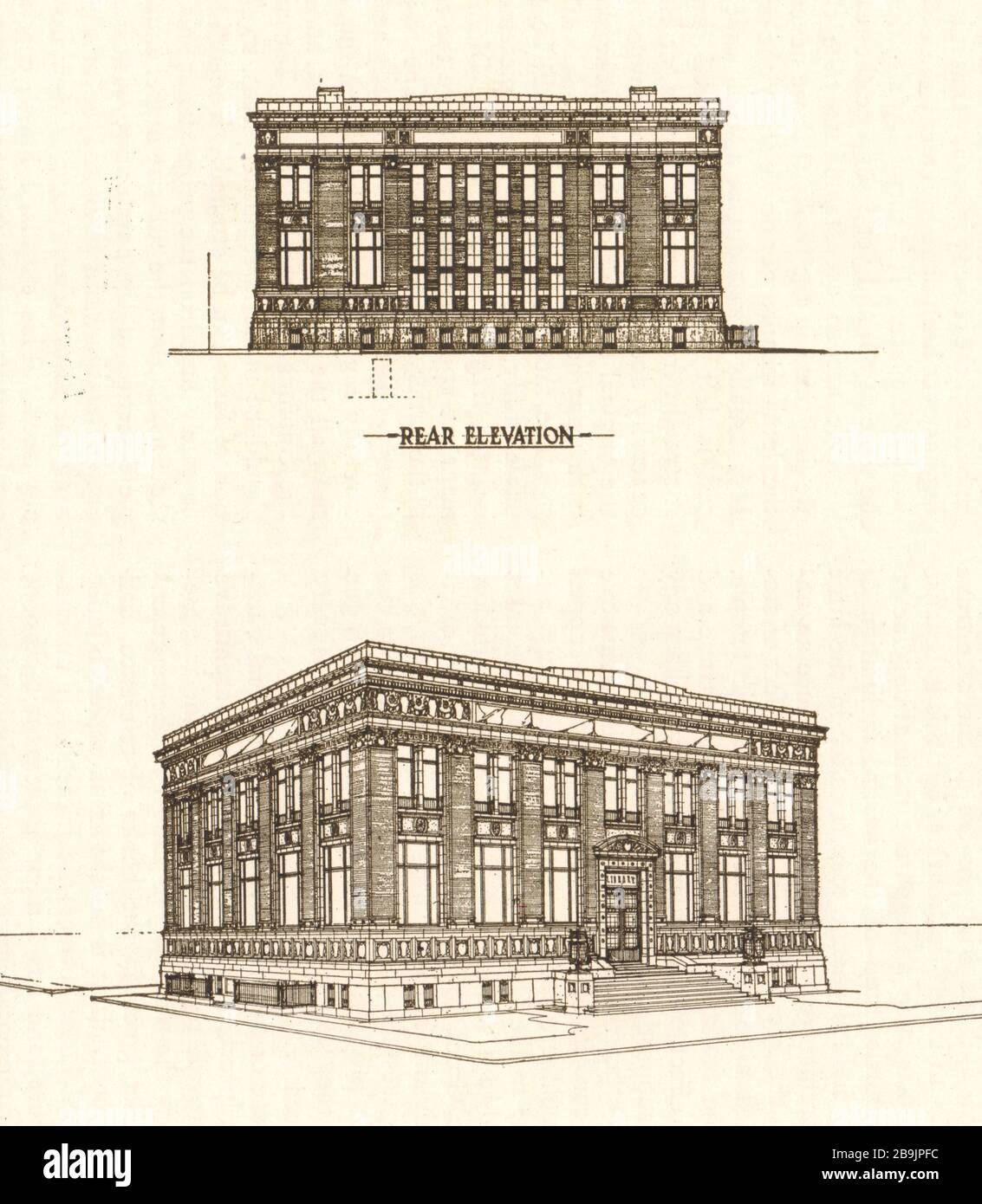 Design vincente per il nuovo edificio della biblioteca della filiale Bergen, Jersey City, New Jersey. Elevazione posteriore. Arthur Frederick Adams, architetto (1921) Foto Stock