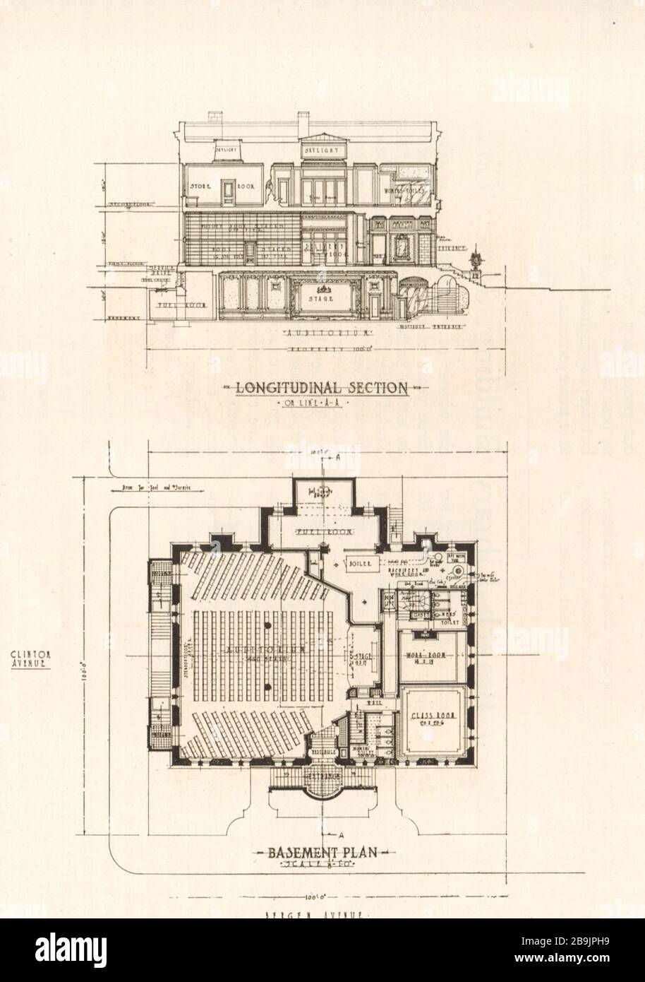 Design vincente della biblioteca della filiale di New Bergen, Jersey City, New Jersey. Sezione longitudinale e piano seminterrato. Arthur Frederick Adams, Archt (1921) Foto Stock
