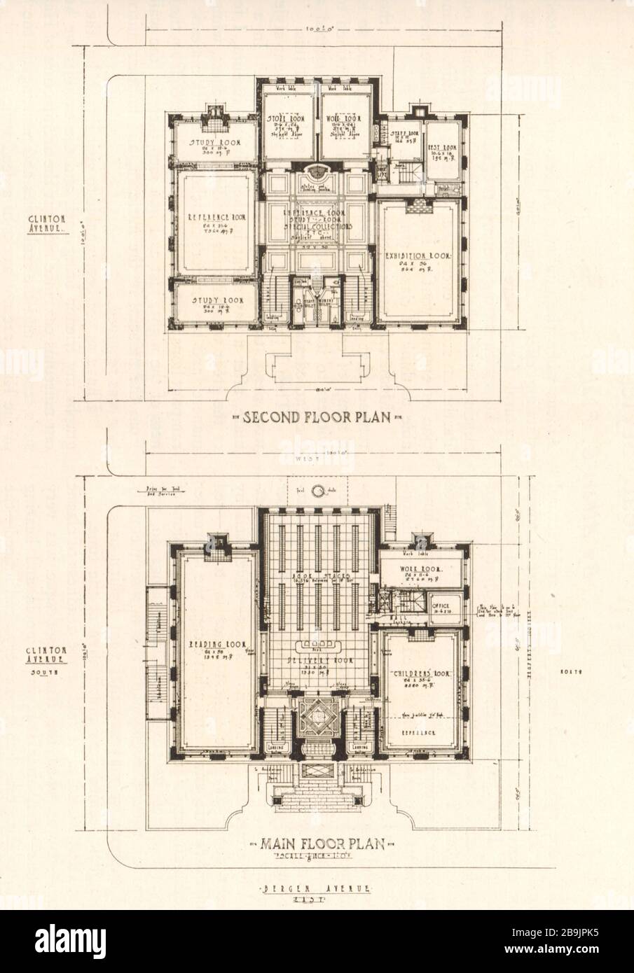 Design vincente per il nuovo edificio della biblioteca della filiale Bergen, Jersey City, New Jersey. piano secondo e piano principale. Arthur Frederick Adams, architetto (1921) Foto Stock
