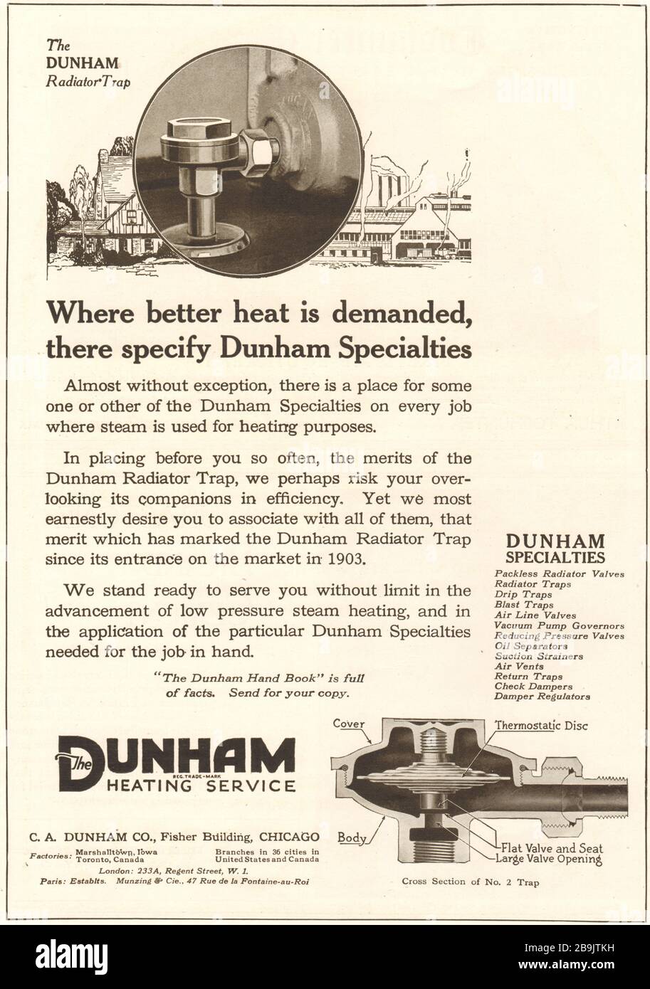 Il servizio di riscaldamento di Dunham. Dove si richiede calore migliore, si specificano le specialità dunham. C.. Dunham Co., Fisher Building, Chicago (1921) Foto Stock