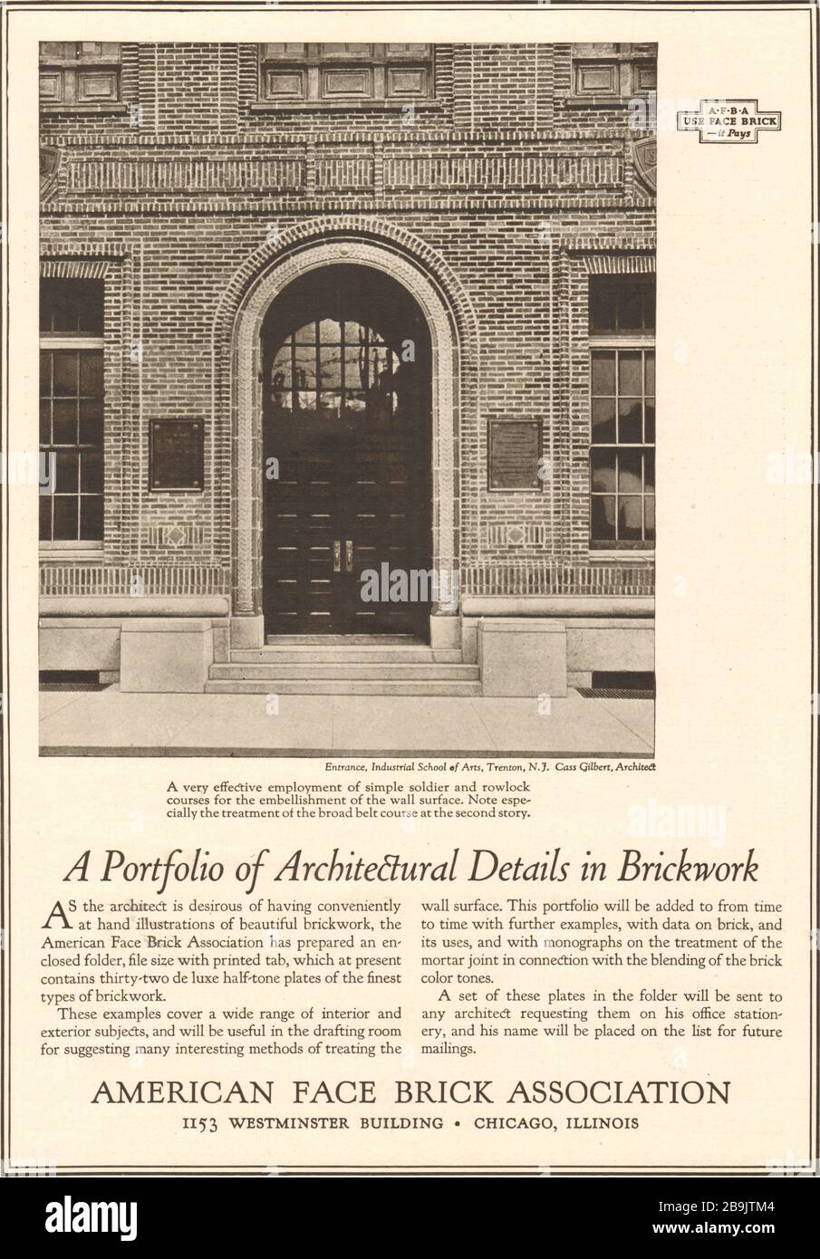 Scuola industriale di arti, Trenton, New Jersey. Cass Gilbert, architetto. American Face Brick Association, Westminster Building, Chicago (1922) Foto Stock