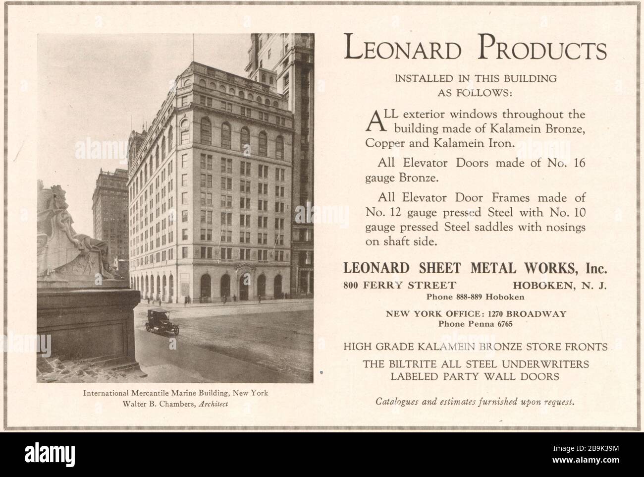 International Mercantile Marine Building, New York. Walter B. Chambers, architetto. Leonard Sheet Metal Works, 800 Ferry Street, Hoboken, NJ (1922) Foto Stock