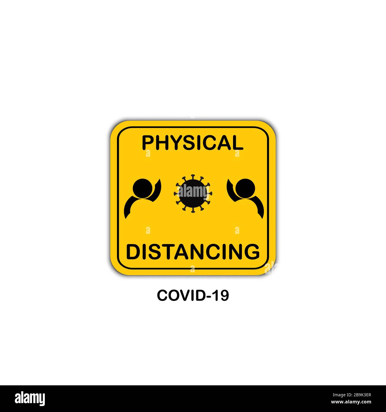 Segnale di avvertenza distanza fisica. Avvertenza in un segno giallo su coronavirus o covid-19 Illustrazione Vettoriale