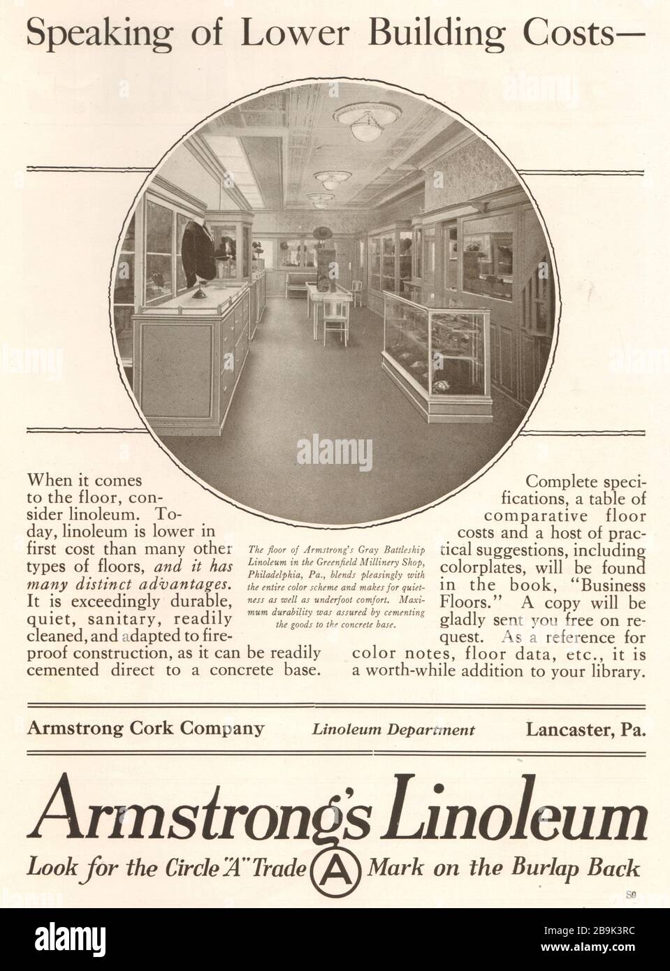 Il linoleum di Armstrong. Cerchio il marchio "A" sulla parte posteriore della tela. Armstrong Cork Company, Linoleum Department, Lancaster, Pennsylvania (1922) Foto Stock