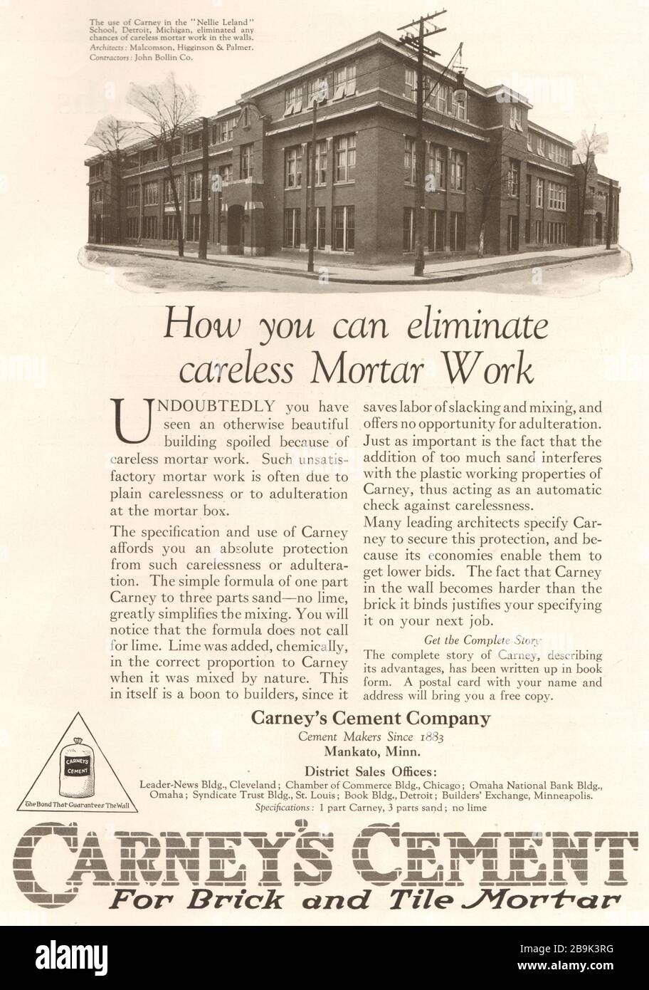 Nellie Leland School, Detroit, Michigan. Cemento di Carney per mattone e mortaio di mattone. Carney's Cement Company, Mankato, Minnesota (1922) Foto Stock