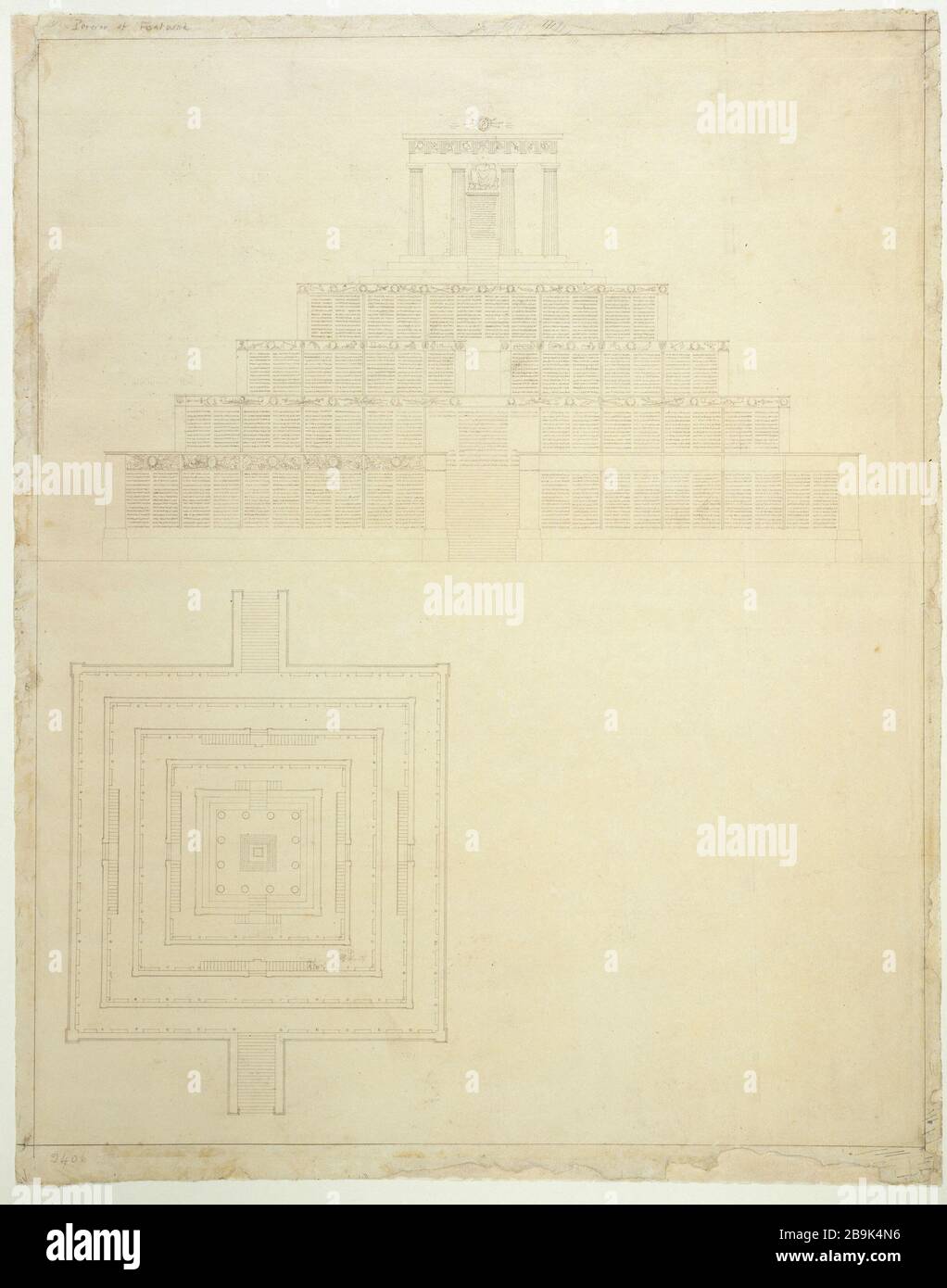 Proposta memoriale in gradi, con piccolo tempio dorico in cima al frontone del tempio decorato con un cappellino frigio Charles Percier (1764-1838), Pierre-François-Léonard Fontaine (1762-1853). Projet de monument commémoratif à degrates, avec petit Temple dorique au sommet, le fronton du Temple orné d'un bonnet phrygien. Pennacchio, pastello. Parigi, musée Carnavalet. Foto Stock