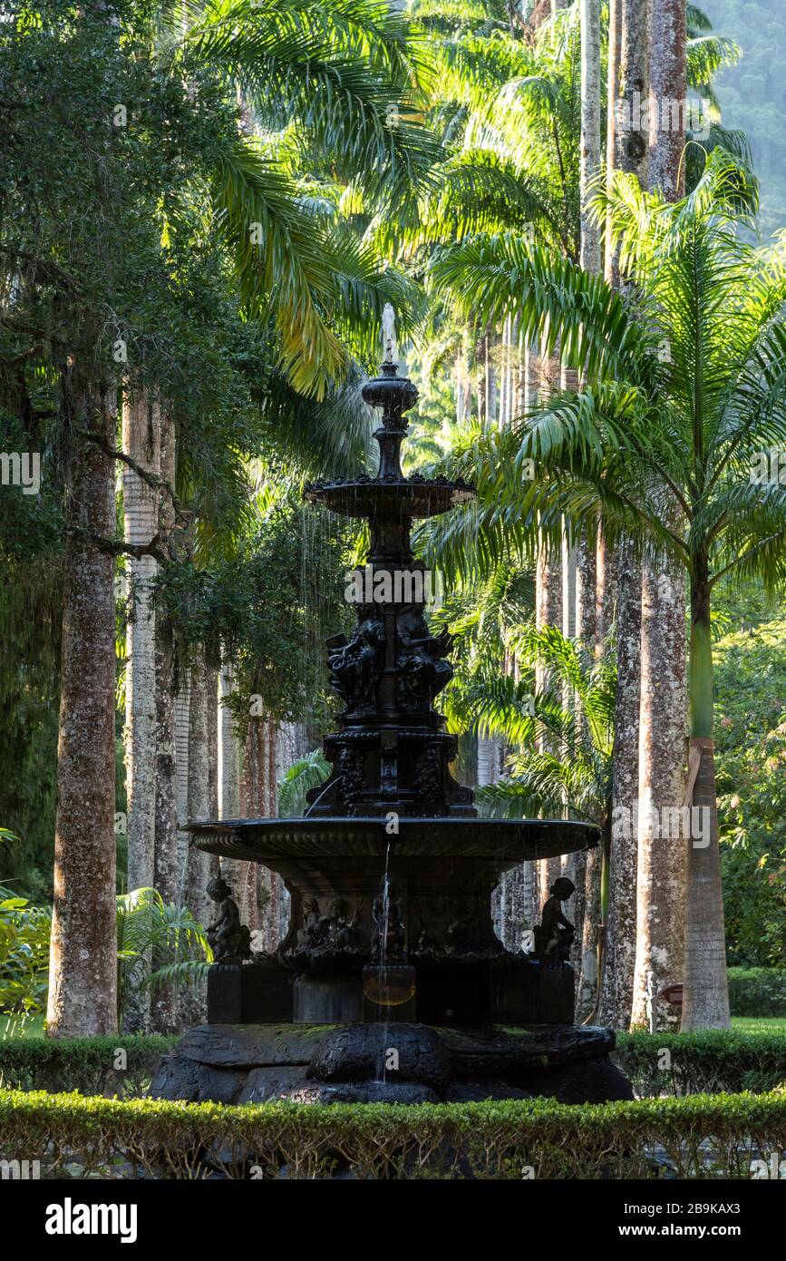 Vista sulla splendida fontana d'acqua nera vicino alle palme imperiali nei Giardini Botanici, Rio de Janeiro, Brasile Foto Stock