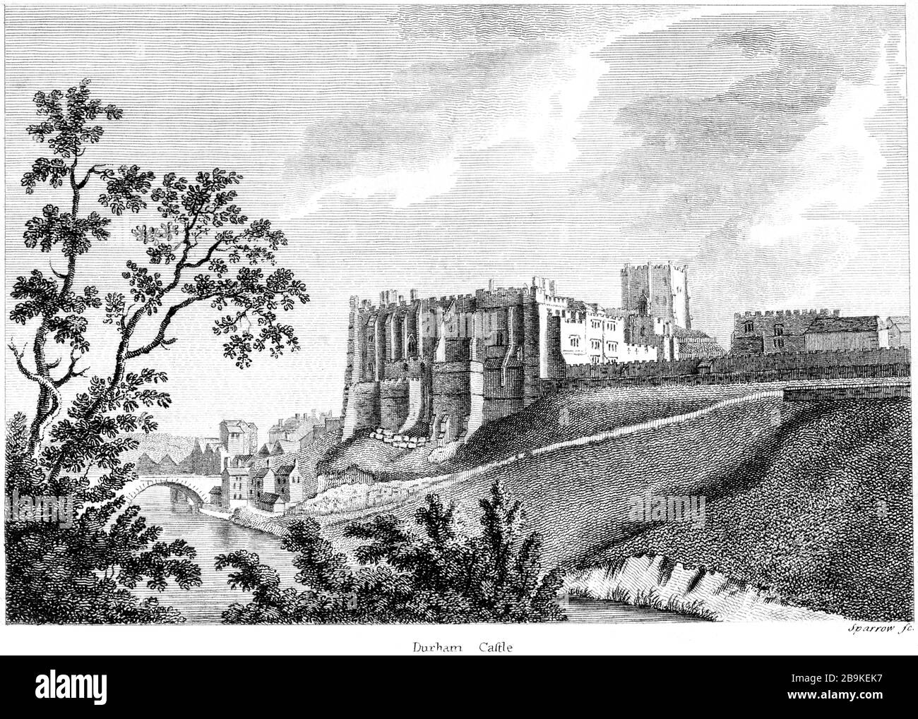 Un'incisione di Durham Castle UK scansionata ad alta risoluzione da un libro pubblicato intorno al 1786. Si ritiene che questa immagine sia priva di tutti i diritti d'autore. Foto Stock
