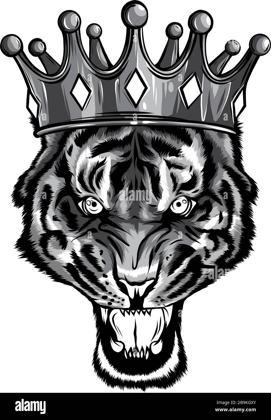 Ritratto disegnato a mano di tigre con corona. Vettore Illustrazione Vettoriale