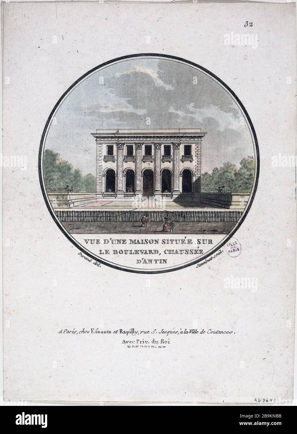 PER UNA CASA SITUATA AL PIANO BOULEVARD D'ANTIN JEAN-FRANÇOIS JANINET (1752-1814). 'Vue d'une maison située sur le boulevard, Chaussée d'Antin'. Gravure. Parigi, musée Carnavalet. Foto Stock