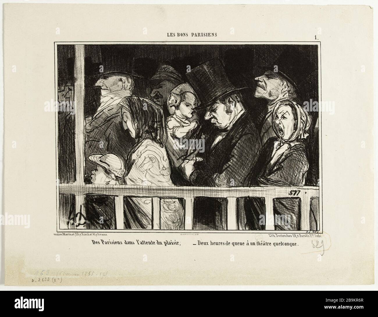 I buoni parigini n. 1. Parigini in attesa del piacere; - due ore in fila in qualsiasi teatro. Honoré Daumier (1808-1879). Les Bons Parisiens n°1. Des Parisiens dans l'attente du plaisir; Deux heures de queue à un théâtre quelconque. Lithographie en noir. Parigi, musée Carnavalet. Foto Stock