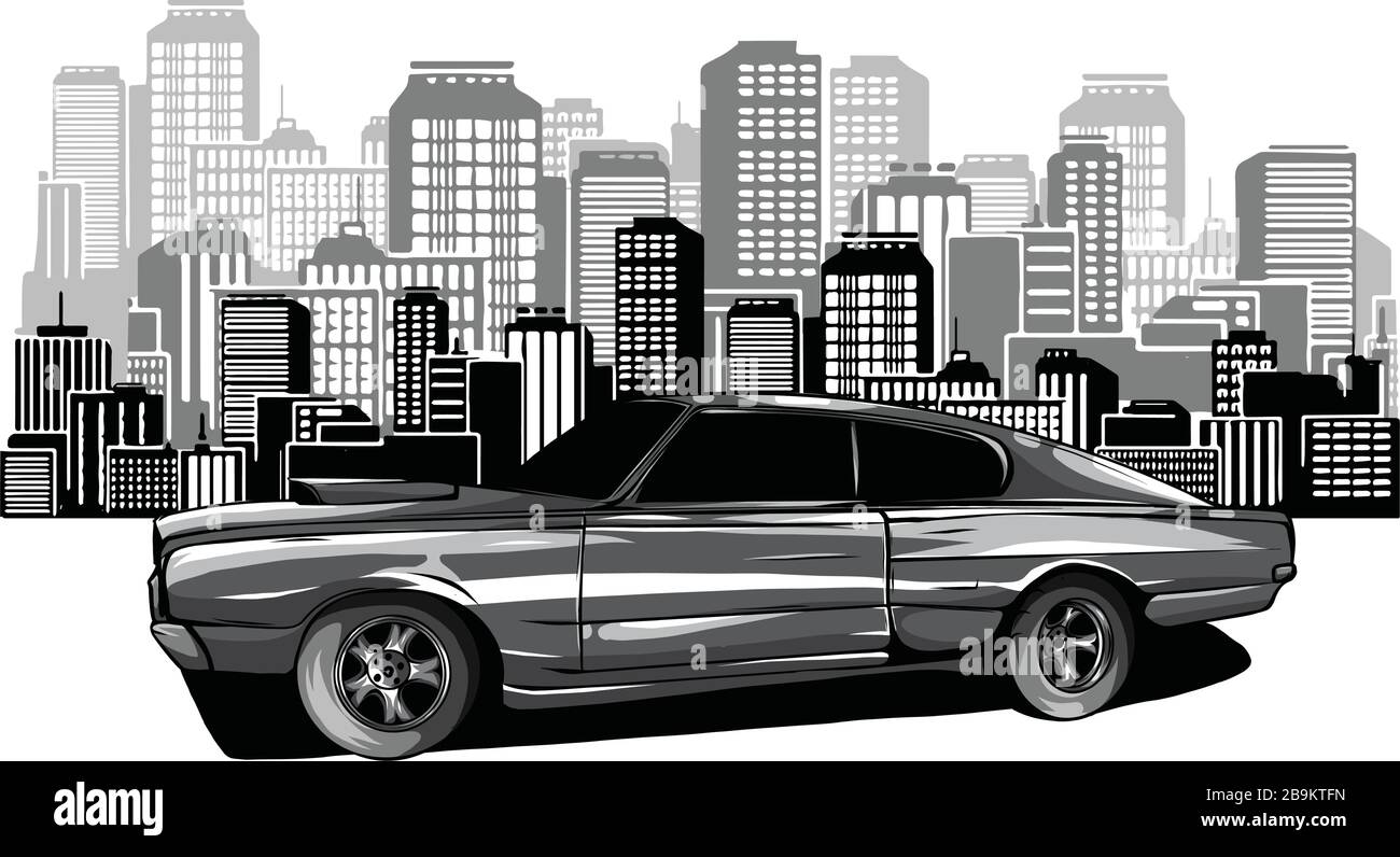 immagine dell'auto sulla strada con la silhouette della foresta e della grande città sullo sfondo Illustrazione Vettoriale