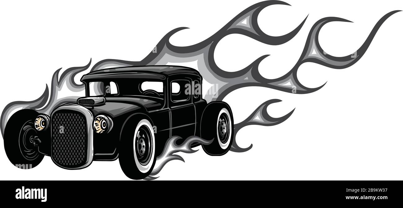 Rat Rod su uno sfondo con fiamme. Illustrazione vettoriale. Illustrazione Vettoriale