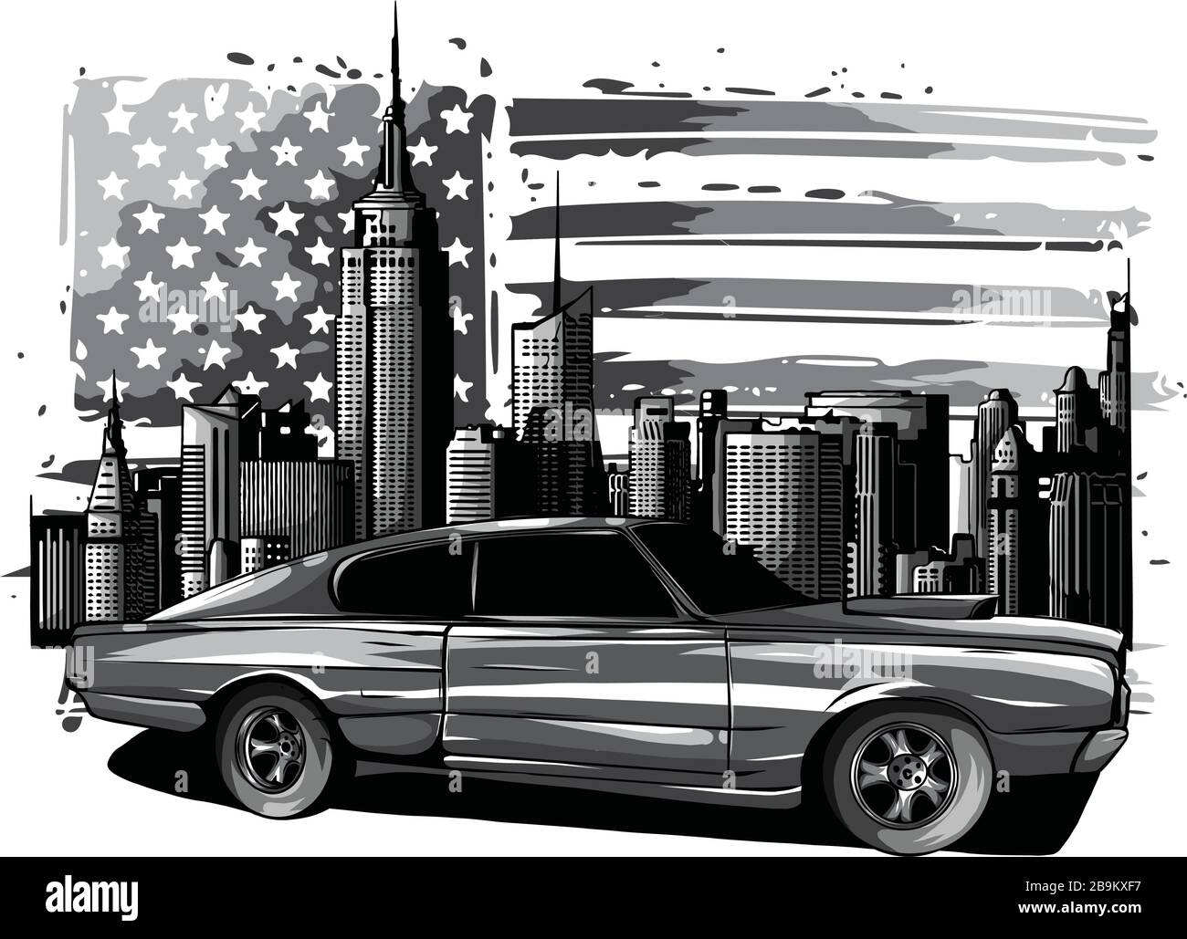 immagine dell'auto sulla strada con la silhouette della foresta e della grande città sullo sfondo Illustrazione Vettoriale