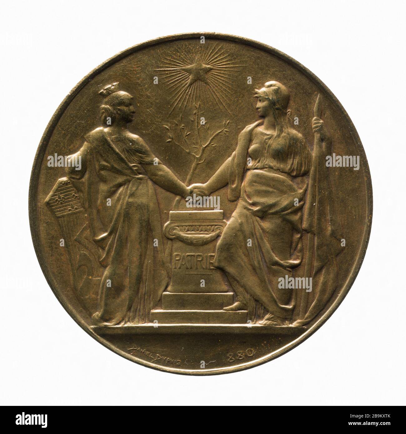 Medaglia consegnata ad Alfred Lamouroux (1840-1900) Vice-Presidente del Comitato della Vecchia Parigi (1897-1900), dalla città di Parigi durante le celebrazioni dell'industria e del commercio, 1886 Marcel Daniel-Dupuis (1849-1899). Médaille offerte à Alfred Lamouroux (1840-1900) vice-président de la commission du Vieux Paris (1897-1900), par la ville de Paris Lors des fêtes de l'Industrie et du Commerce, 1886. Cuivre jaune. Parigi, musée Carnavalet. Foto Stock