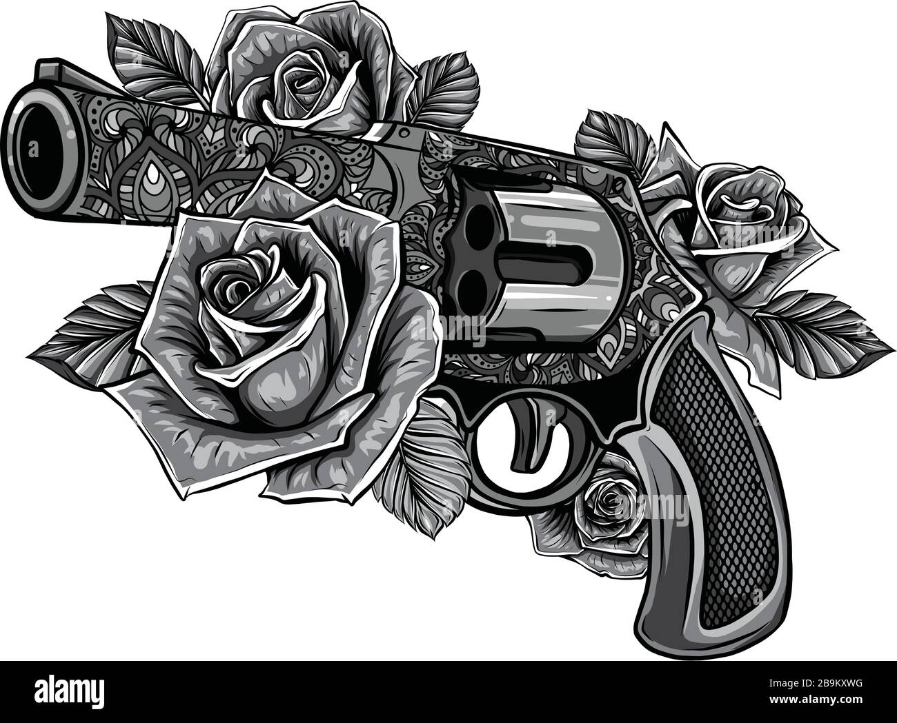 Illustrazione del colt del revolver con tre rose Illustrazione Vettoriale