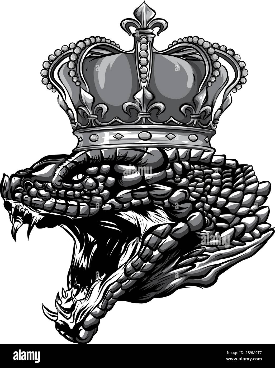 Logo monocromatico con testa a serpente coronata. Disegno di emblema di Viper modificabile per la vostra azienda. Illustrazione Vettoriale