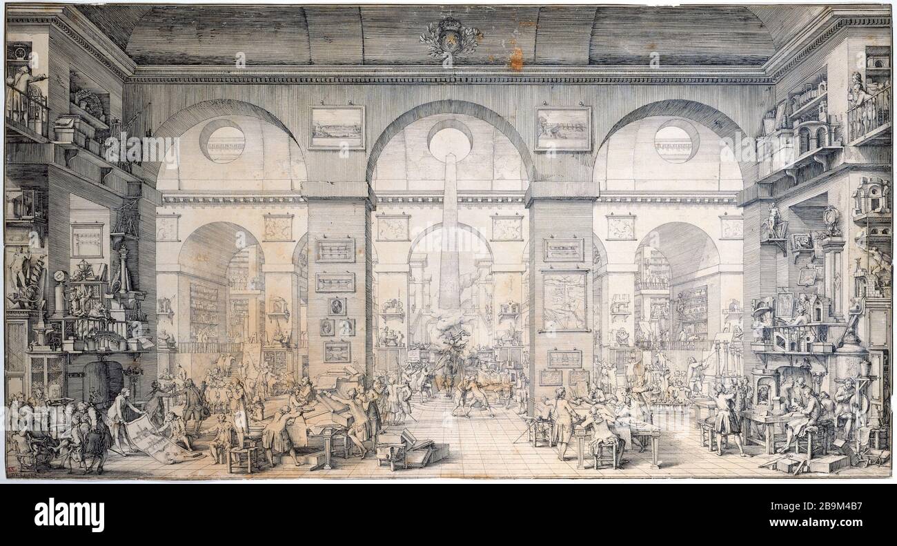 Guarda la scuola immaginaria di ponti e strade Louis Jean Desprez (1743-1804), dessinateur. "Vue imaginaire de l'école des Ponts et Chaussées". Dessin. Parigi, musée Carnavalet. Foto Stock