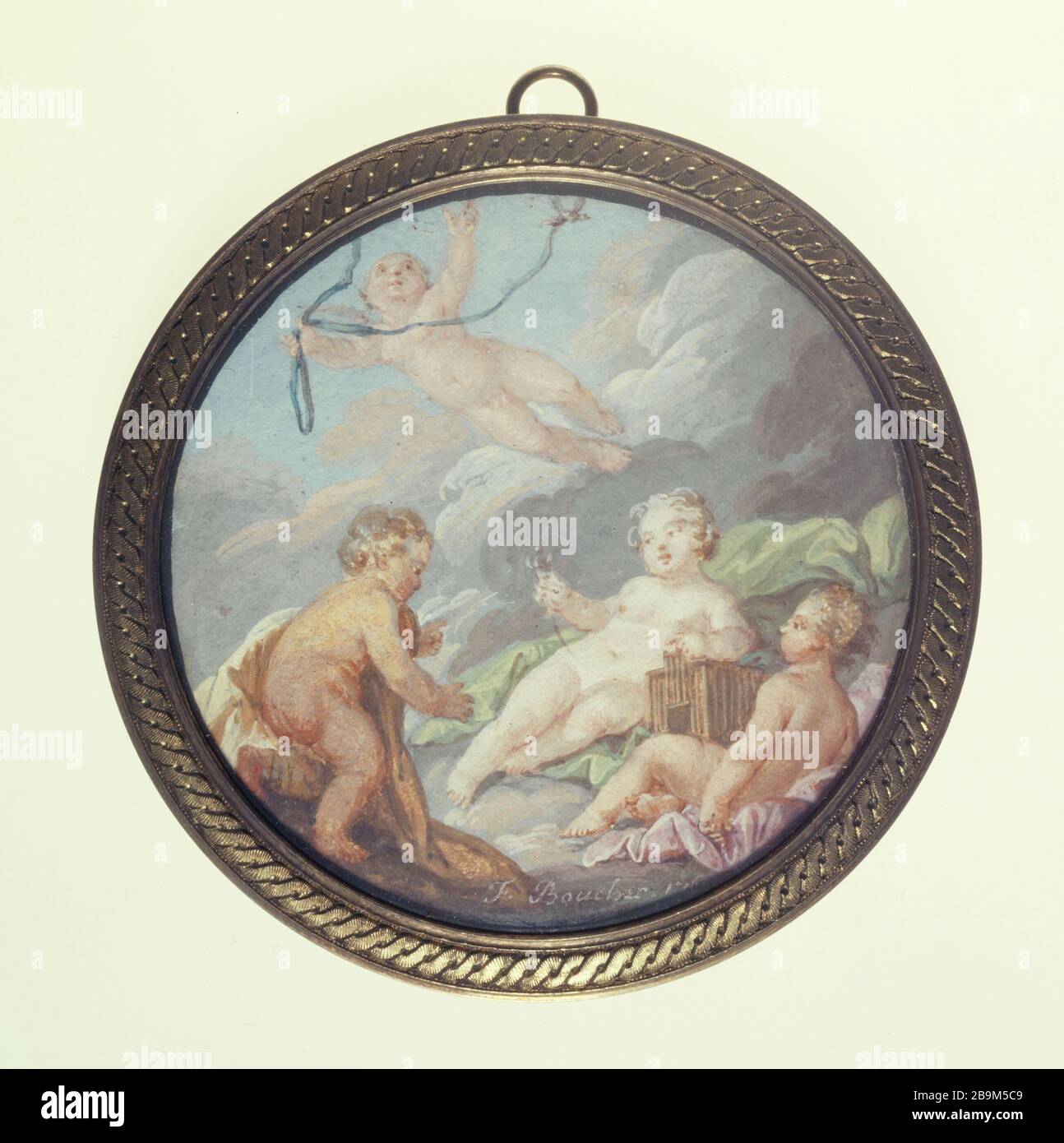 Ama gli oiseleurs (parte di un set di nove scenografia circolare in miniatura ama rappresentare le allegorie delle arti e delle stagioni). Ecole française, manière de François Boucher (1703-1770). Amours oiseleurs (élément d'un ensemble de neuf miniatures circolaires metant en scène des Amours et représentant des allégories des Arts et des Saisons). Aquarelle et gouache sur papier. XIXème siècle. Parigi, museo Cognacq-Jay. Foto Stock Ama gli oiseleurs (parte di un set di nove scenografia circolare in miniatura ama rappresentare le allegorie delle arti e delle stagioni). Ecole française, manière de François Boucher (1703-1770). Amours oiseleurs (élément d'un ensemble de neuf miniatures circolaires metant en scène des Amours et représentant des allégories des Arts et des Saisons). Aquarelle et gouache sur papier. XIXème siècle. Parigi, museo Cognacq-Jay. Foto Stock
