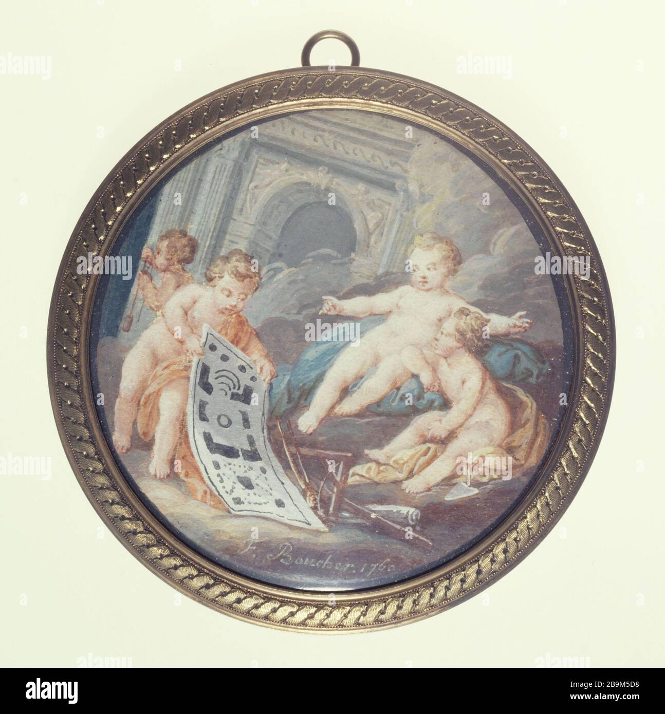 Ama gli Architetti (membro di un set di nove scenografia circolare in miniatura ama rappresentare le allegorie delle Arti e delle stagioni). Ecole française, manière de François Boucher (1703-1770). Amours architectes (élément d'un ensemble de neuf miniature cirrotaires metant en scène des Amours et représentant des allégories des Arts et des Saisons). Aquarelle et gouache sur papier. XIXème siècle. Parigi, museo Cognacq-Jay. Foto Stock Ama gli Architetti (membro di un set di nove scenografia circolare in miniatura ama rappresentare le allegorie delle Arti e delle stagioni). Ecole française, manière de François Boucher (1703-1770). Amours architectes (élément d'un ensemble de neuf miniature cirrotaires metant en scène des Amours et représentant des allégories des Arts et des Saisons). Aquarelle et gouache sur papier. XIXème siècle. Parigi, museo Cognacq-Jay. Foto Stock